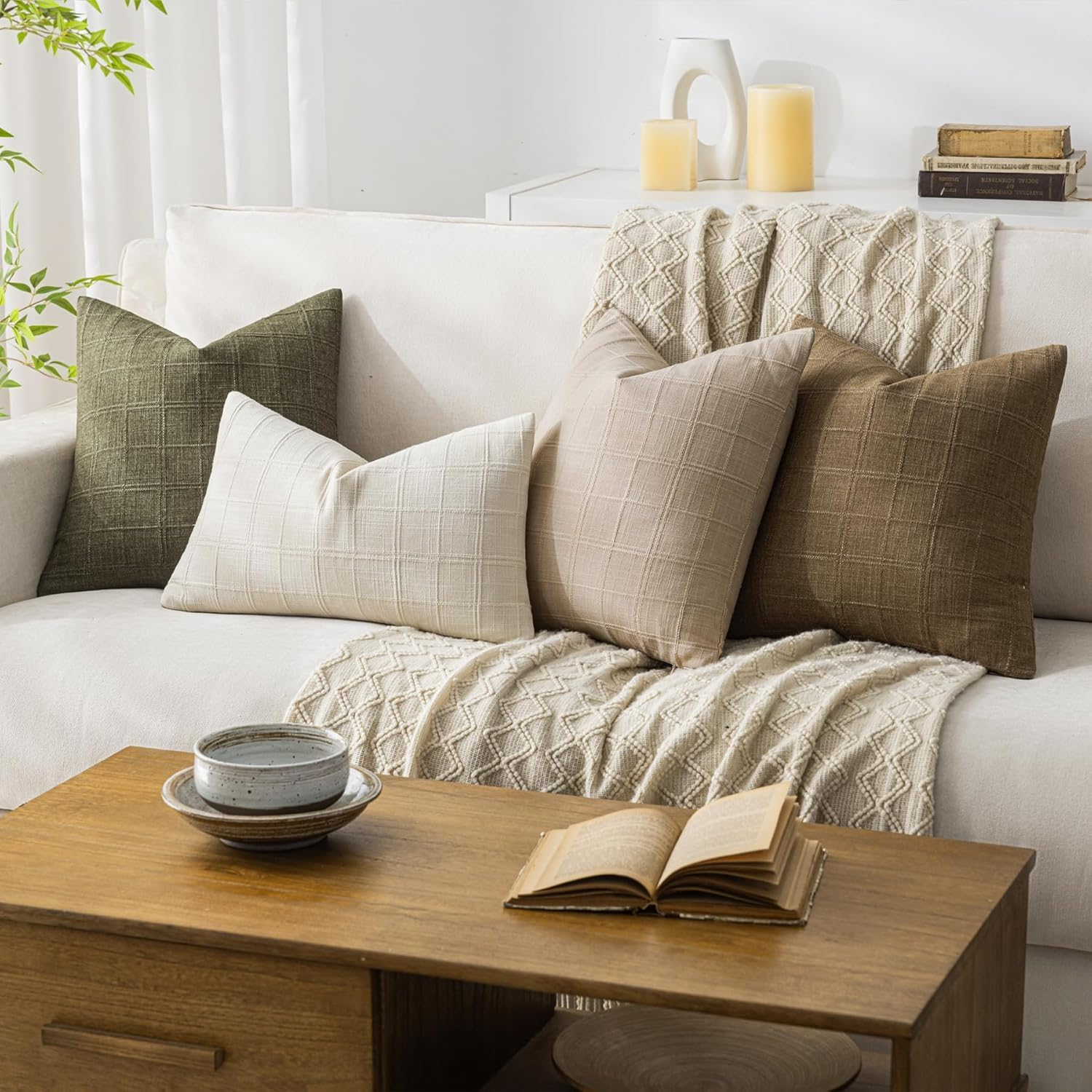 Linen Throw Pillow Covers 20X20 Inch Set of 2, Olive Green Moss Green Vintage Plaid, Neutral Rustic Boho Farmhouse Decor for Couch Bedroom Living Room, Christmas & Modern Style