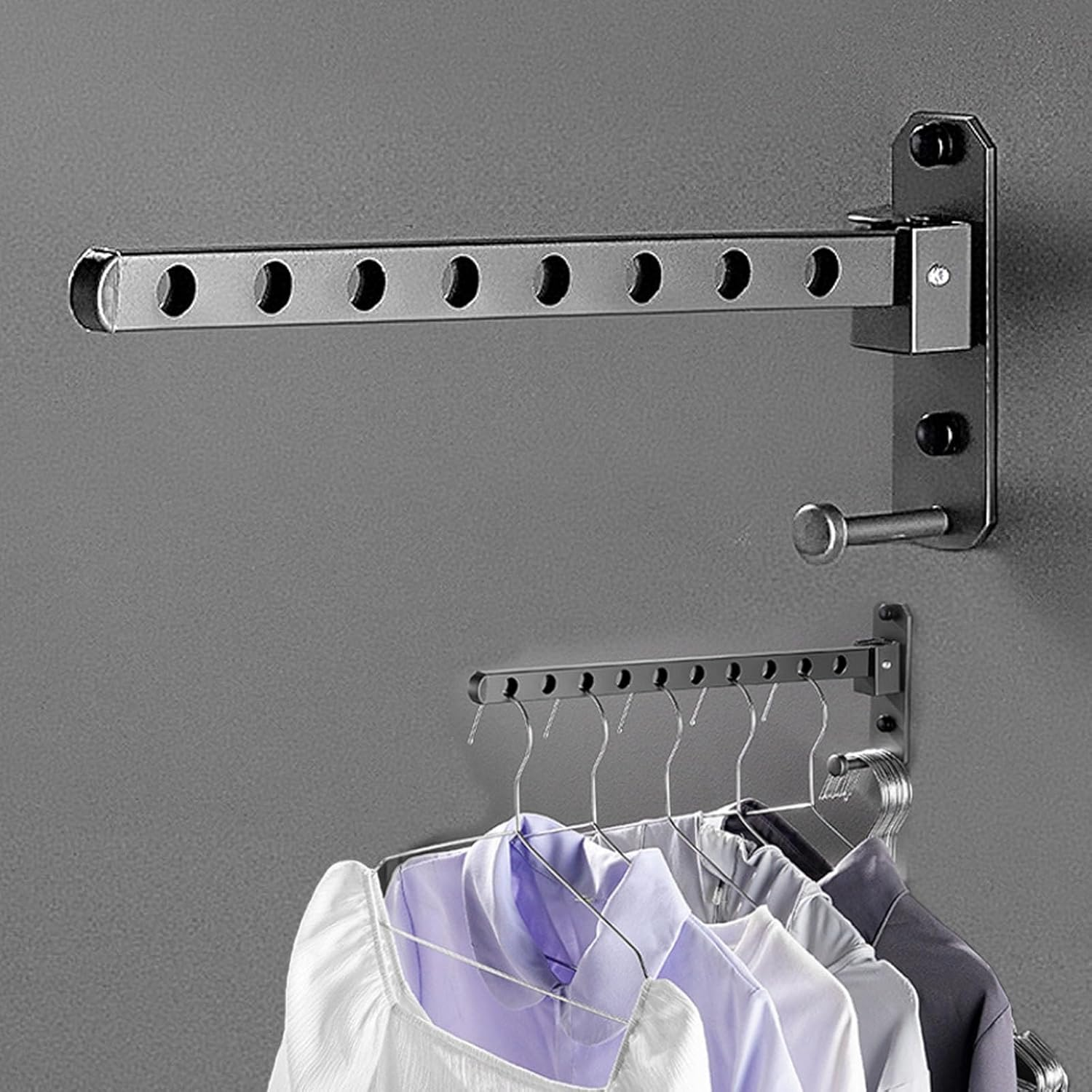 REGODI Foldable Wall Mounted Drying Rack for Laundry - Space Saving Clothes Hanger, Coat & Clothing Dryer, Heavy Duty & Easy Install, Dark Grey image number 2