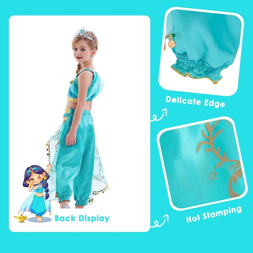 AUTOWT Belly Dance Jasmine Costume, Sequined Princess Dress up Cosplay Aladdin Halloween Party Sleeveless Arabian Outfit Dress Cyan Skirt for Girls image number 5