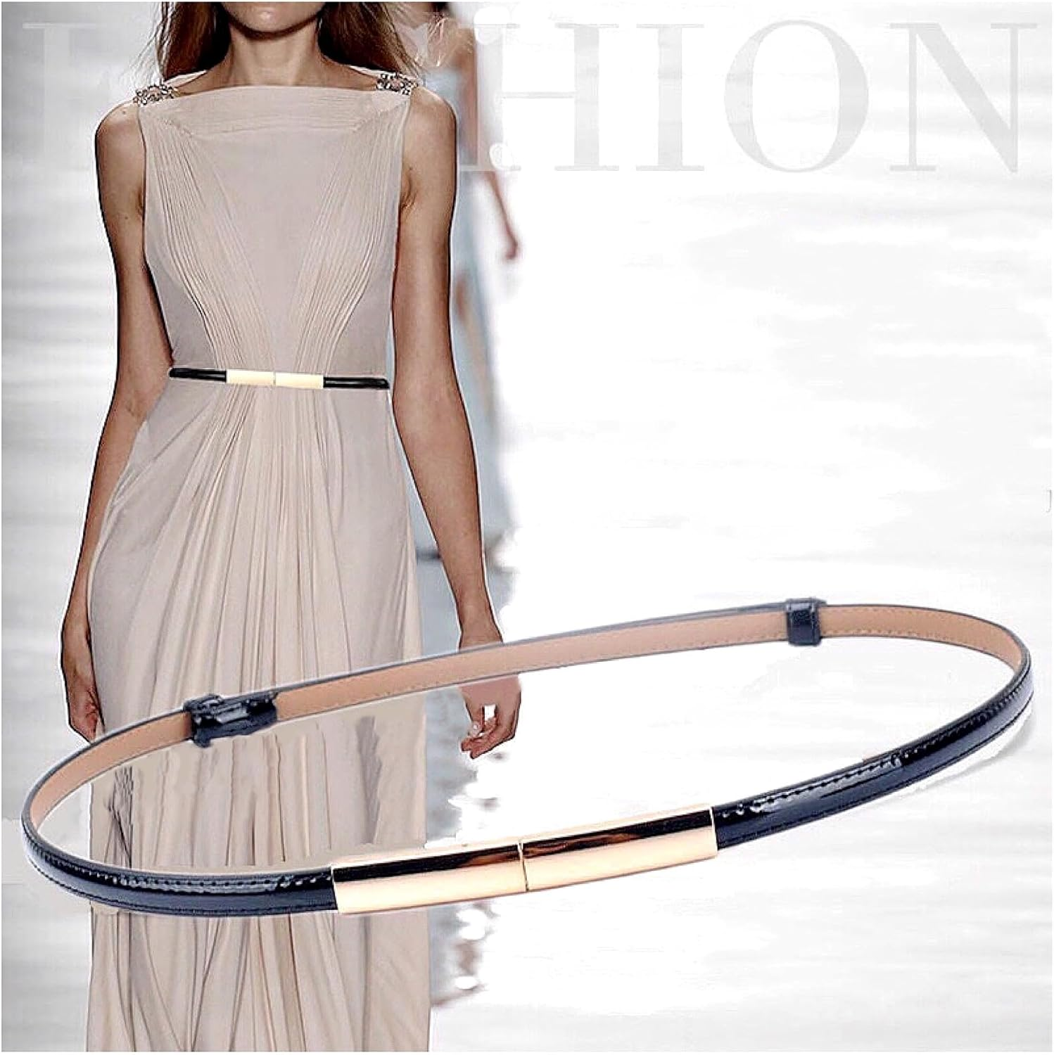 Women'S Belt Dress Fashion Patent Leather Belts Adjustable 22"- 36" Skinny Slim Belt Leather Gold Color Buckle Waistband - 2-Pack, Black  Gold image number 7