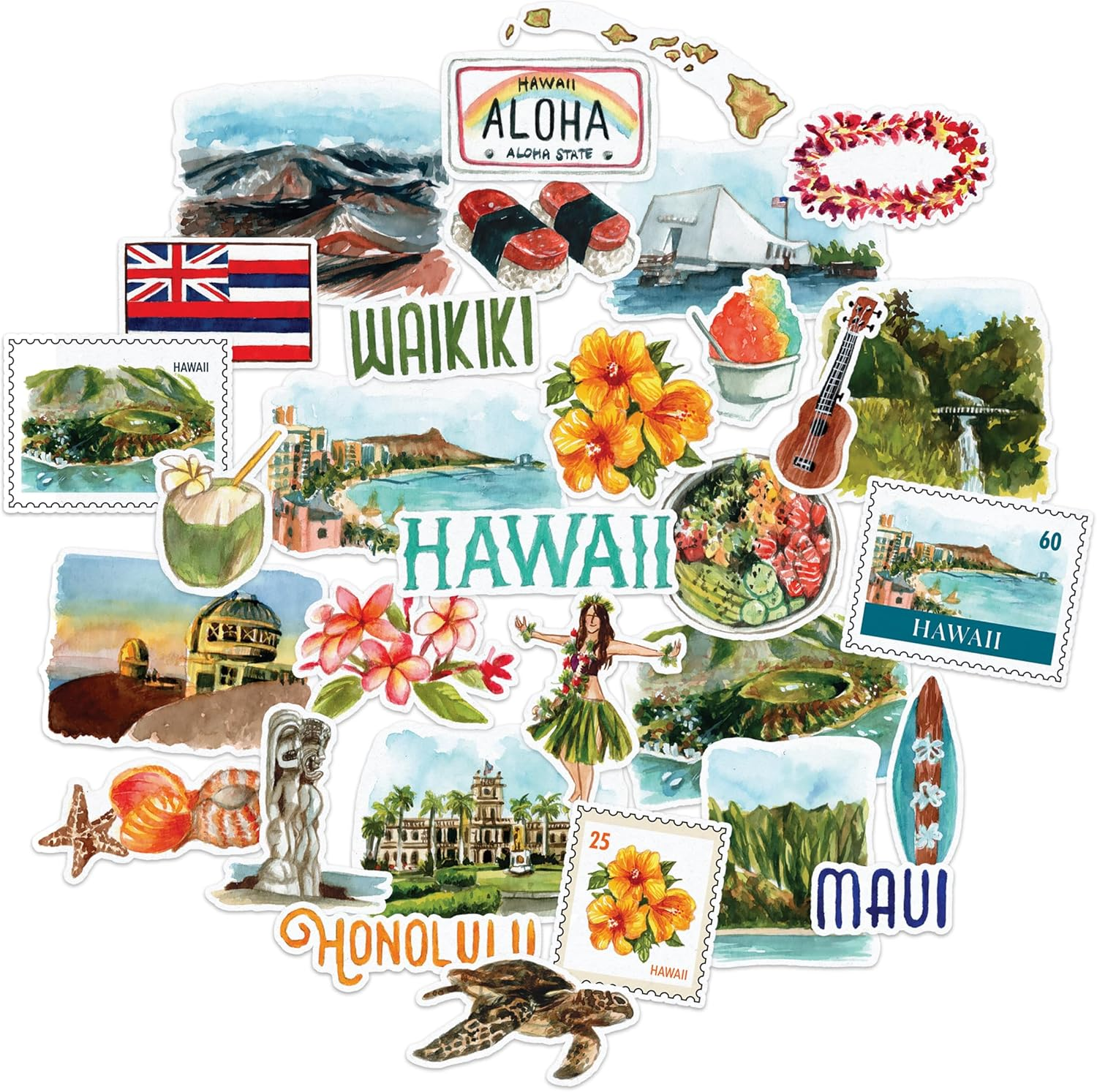 Navy Peony Exotic Hawaii State Travel Stickers (31 Pieces) - Watercolor, Waterproof, America Vacation Stickers for Scrapbooking, Journals, Suitcase image number 3