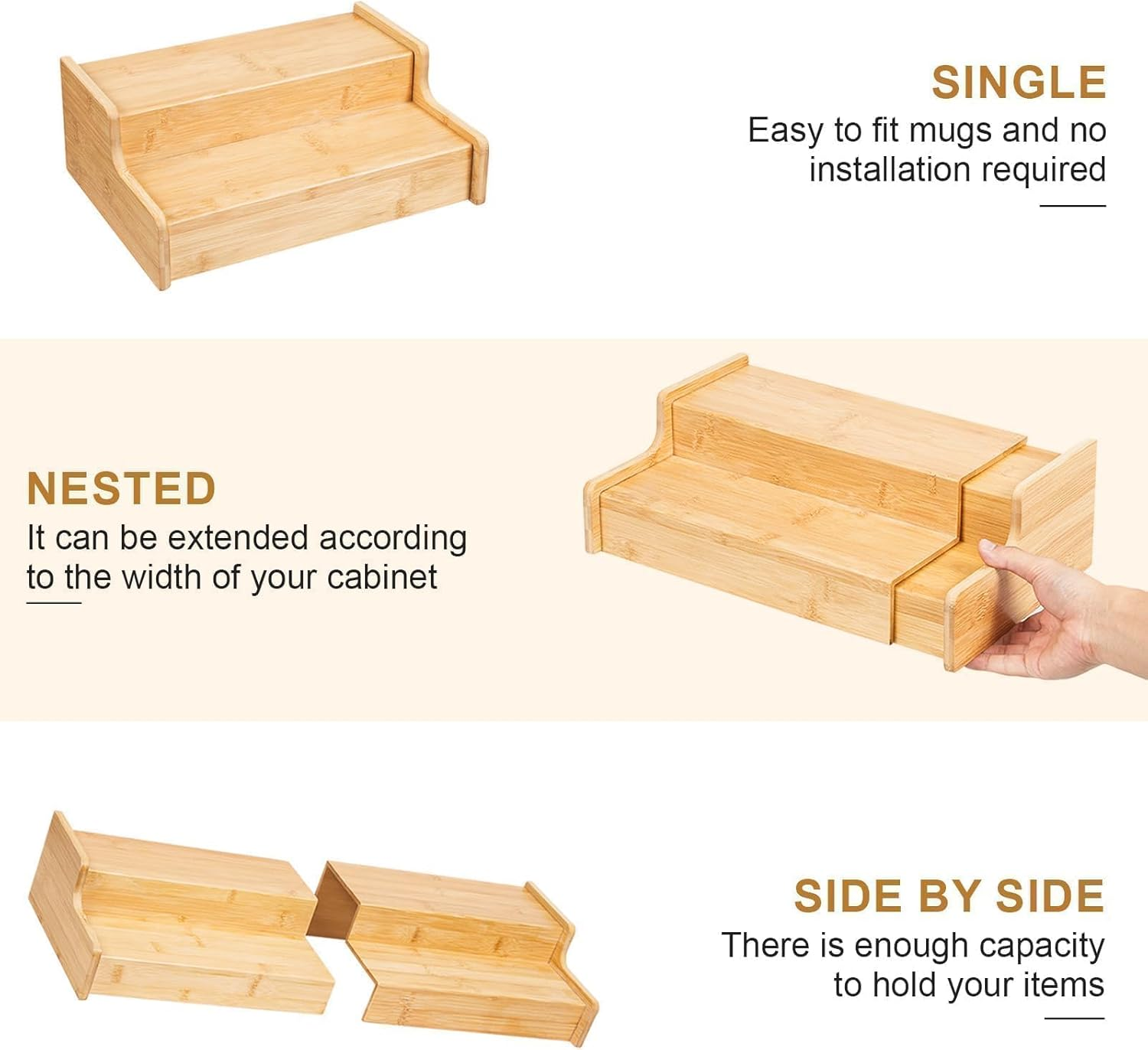 Spice Rack Kitchen Cabinet Organiser, 2-Tier Expandable Mug Organizer, Cup Organizer for Kitchen Cabinets, Bamboo Mug Cup Rack, Multi-Functional Cup Holder Shelf, Coffee Bar, Home image number 3
