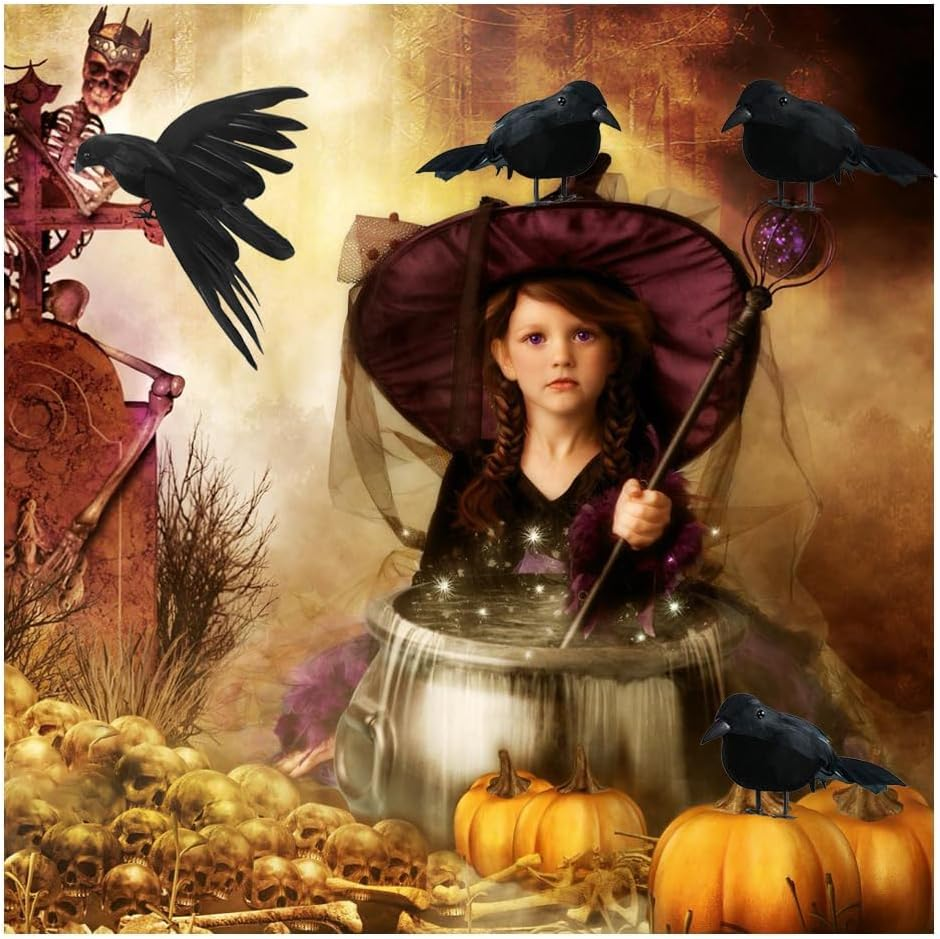 4 Pcs Halloween Crows Realistic Feather Crows Artificial Ravens Spooky Black Feather Crow Bird for Indoor Outdor Party Prop Decorations (Black) image number 3