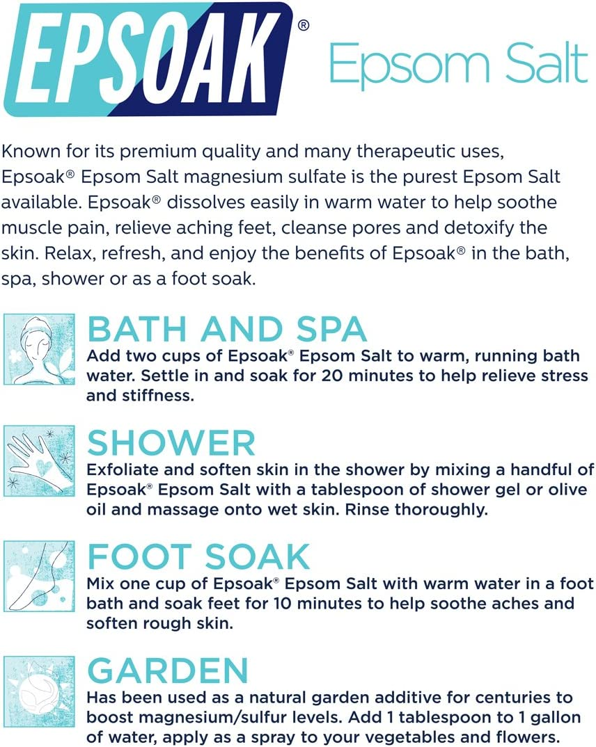 Epsoak Epsom Salt 2 Lb. Magnesium Sulfate USP. (Qty. 1 X 2Lb. Bags) Resealable Epsom Salt Bulk Bags Unscented, Made in the USA, Cruelty-Free Certified image number 6