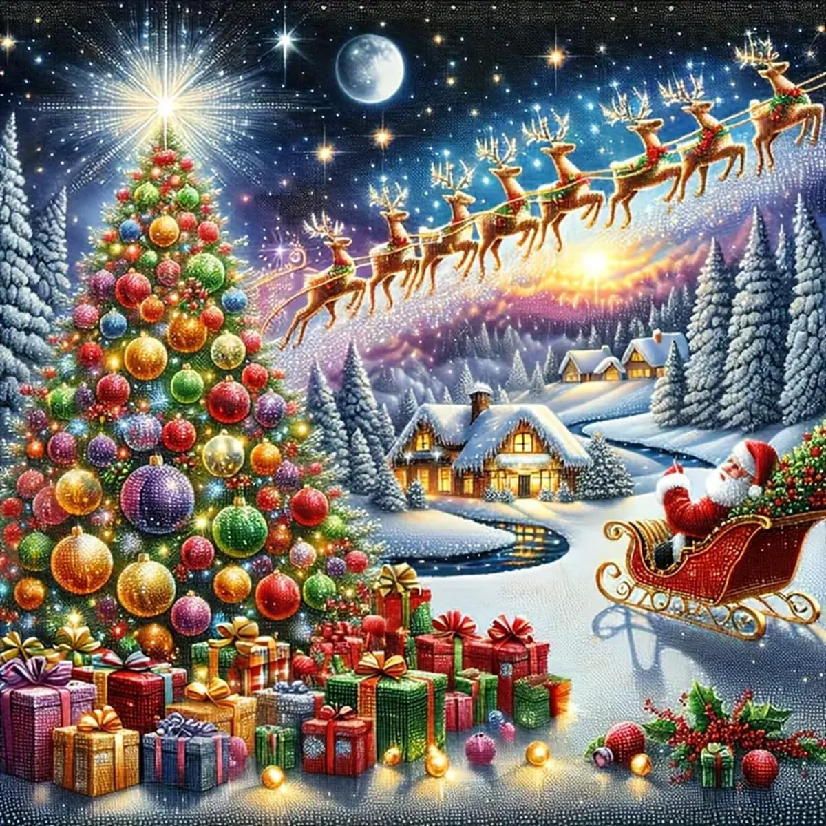 Syntego 5D DIY Christmas Reindeers in the Sky Diamond Painting Kit Painting for Adults 30Cm X 30Cm Crystal Embroidery Rhinestone Canvas