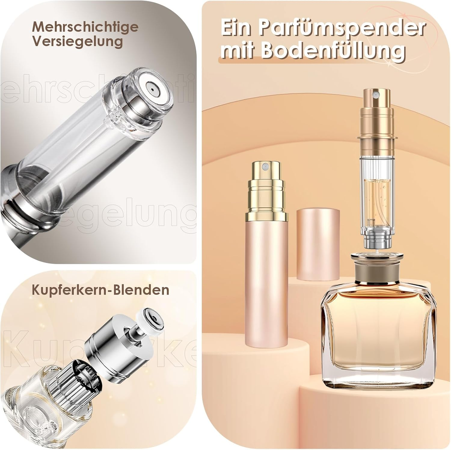 JOOMOKO 5 Ml Perfume Filler Refillable Perfume Atomiser for on the Go Filling Technology without Funnel Empty Perfume Atomiser Spray Bottle for Travel on the Go (Rose Gold)