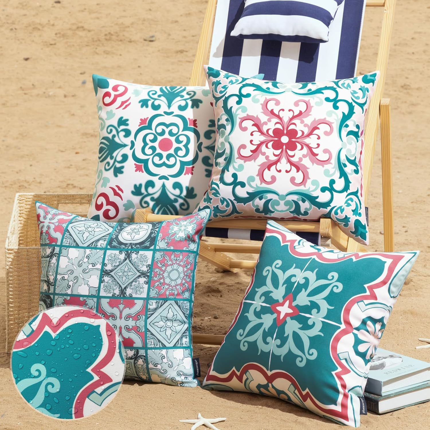 Phantoscope Set of 4 Outdoor Waterproof Throw Pillow Covers, Geometric, Decorative Boho Farmhouse Outdoor Pillows Cushion Case for Home Patio Furniture Tent Sunbrella, Teal/Pink 18X18 Inches image number 1