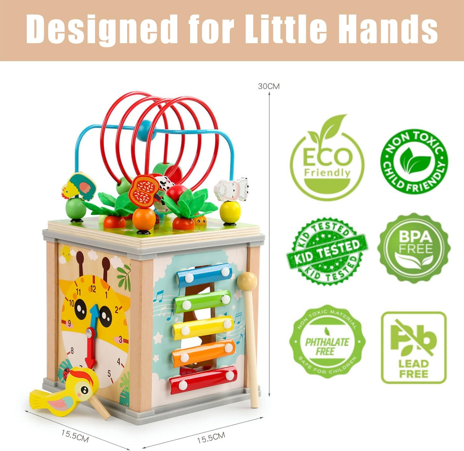 Uandhome 10 in 1 Wooden Activity Cube for Toddlers 1-3,10-In-1 Montessori Toys Gift Set for Boys & Girls, Educational Learning Toys for 2 Year Olds, One Year Old Baby Birthday Gifts image number 4