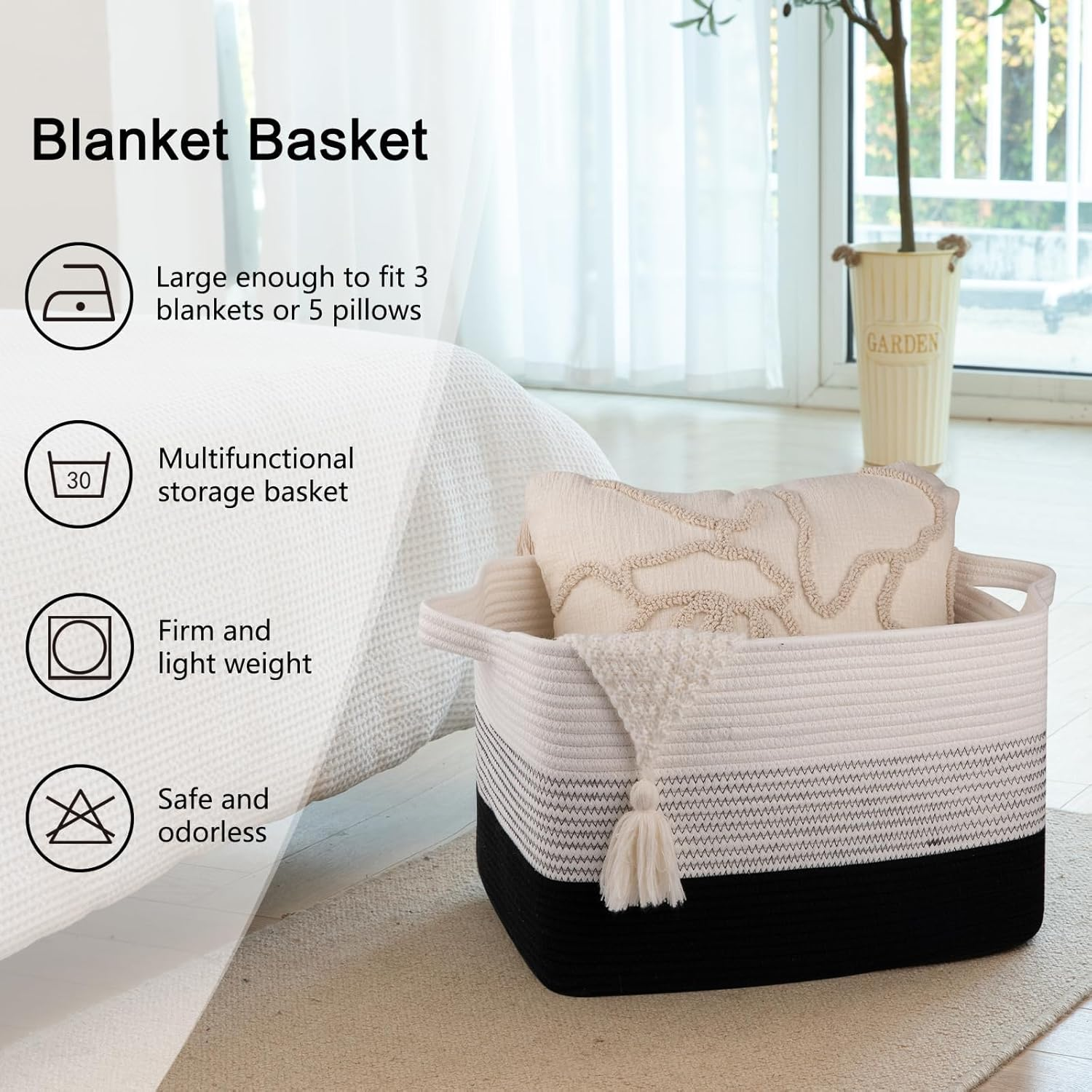 3 Pack Storage Basket, Cotton Rope Woven Basket with Handles for Shelf, Pet Toy, Book, Cloth, Storage Organizer for Living Room, Bathroom (Gradient Black, M) image number 5