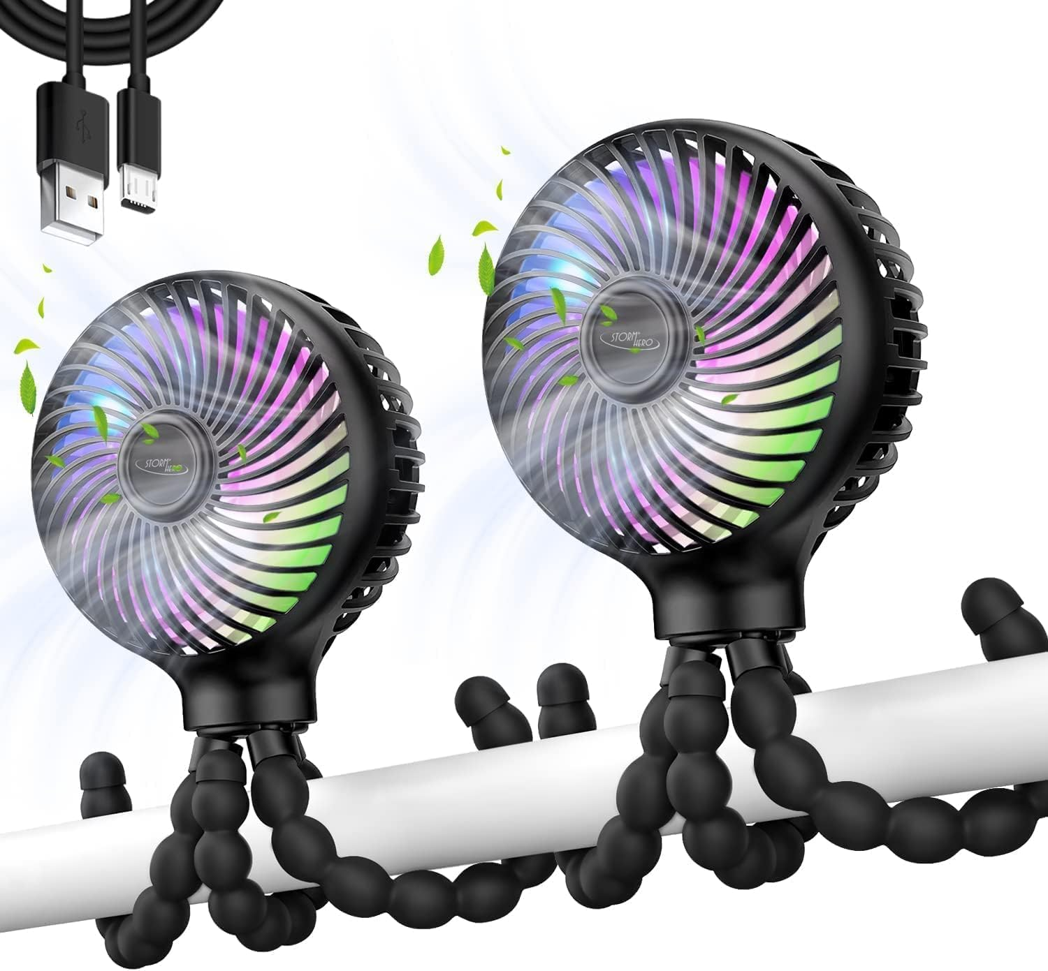 Pram Fan - Portable Stroller Fan for Baby(2-Pack), USB Rechargeable Personal Fan, Mini Handheld Fan, Desk Fan, Adjustable 3 Speeds for Travel, Car Seat, Bike, Camping, Office and Bedroom image number 2