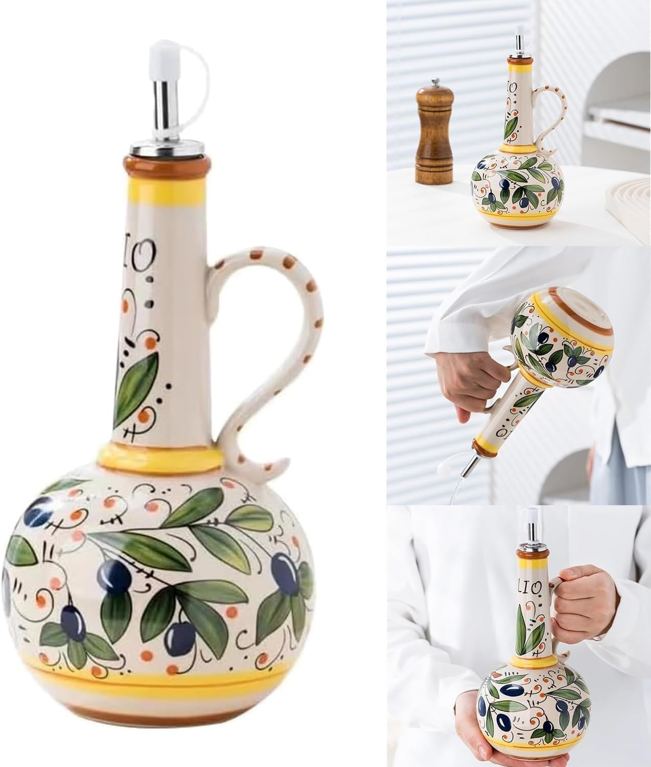 Ceramic Olive Oil Dispenser Bottle,Decorative Stoneware Olive Oil Cruet for Kitchen with Stainless Steel Spout, Hand Painted Olive Oil Bottles for Kitchen, Stoneware Olive Oil Cruet，Italian Style Deco image number 2