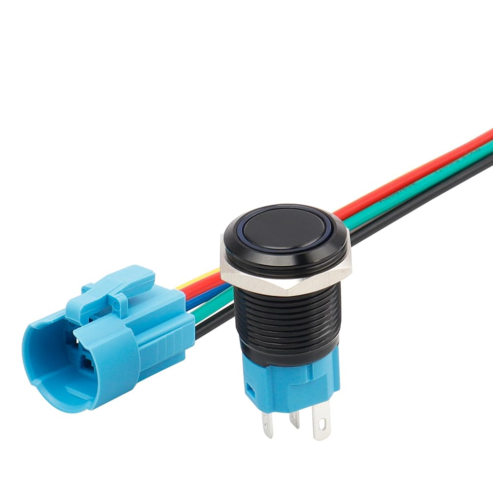 Yakamoz 2Pcs 16Mm Waterproof Latching Push Button Switches, 12V Self-Locking Button on off with Sockets Blue LED Wiring Harness for Automotive, Marine, Industrial Machinery and DIY. image number 3