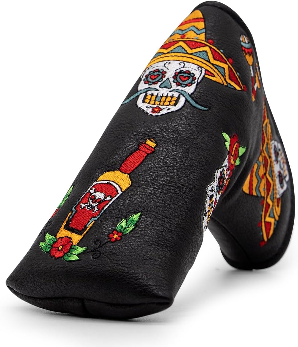 Golf Club Headcover for Drivers, Fairway Woods, Hybrids, and Mallet Blade Putter Sugar Skull Style Premium Leather Golf Headcovers Set with Interchangeable No. Tags