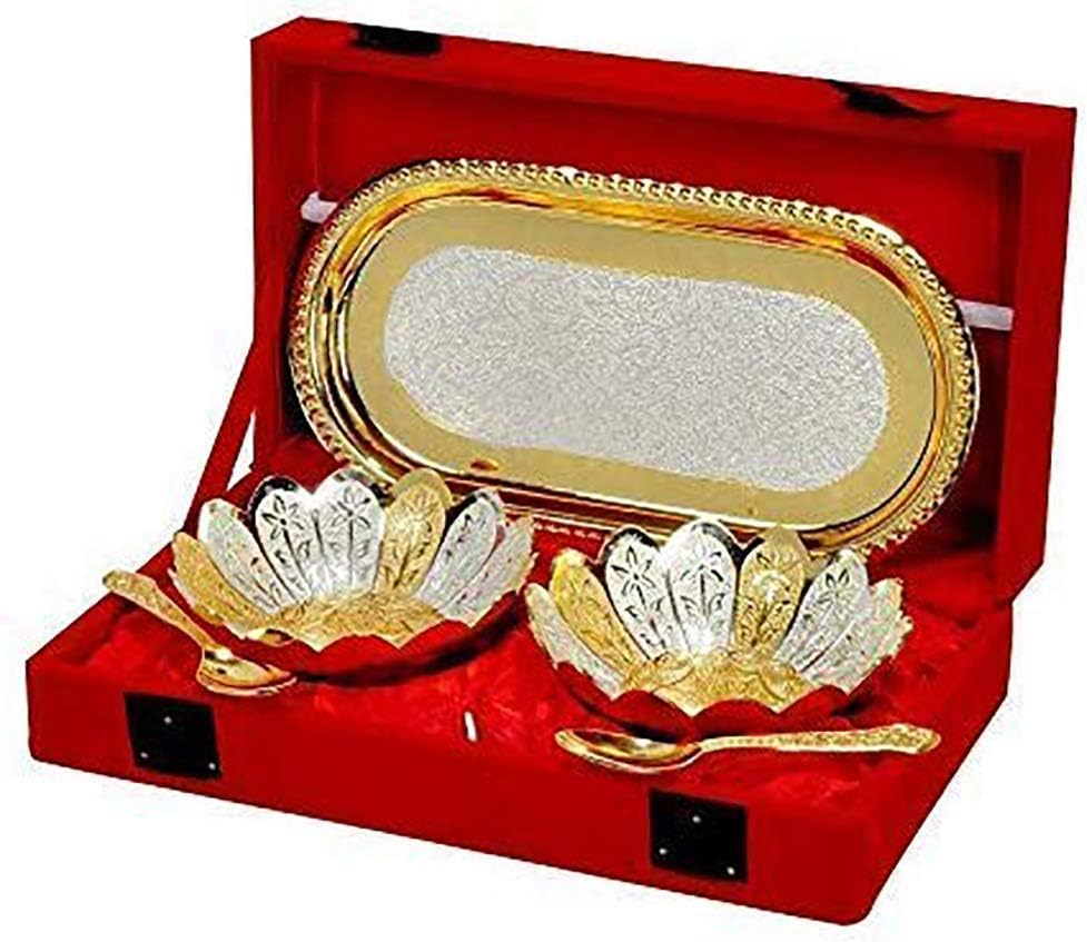 Garden of Arts Fancy Metal Gold and Silver Plated Floral Flower Shape 5 Pieces Set 2 Bowls 2 Spoons 1 Tray in Red Velvet Box Ideal for Dryfruits Party Prop Also Known as Pandan image number 5