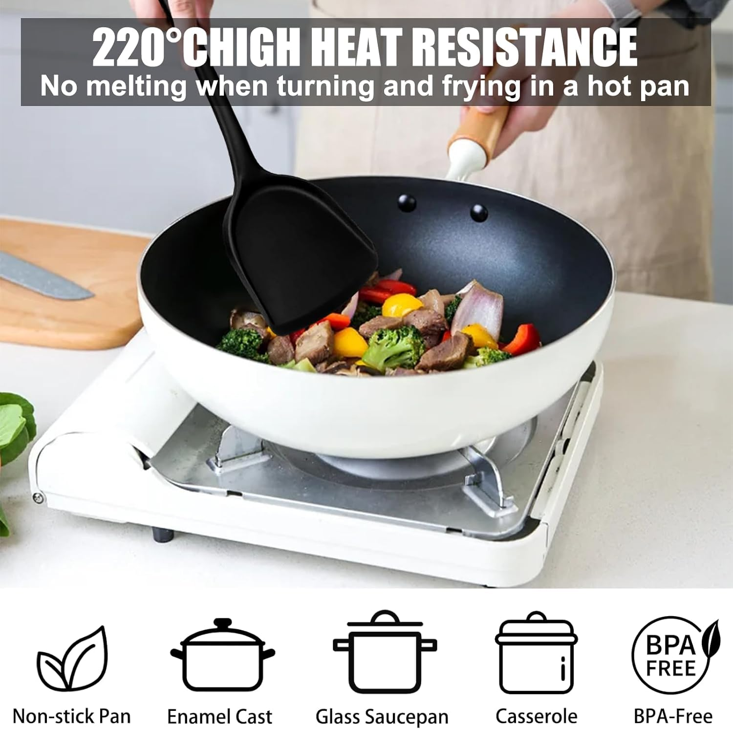 Pack of 2 Silicone Wok Spatula,Silicone Turner Spatula,Silicone Spatula for Cooking,Non-Stick,Bpa Free,Heat Resistant, Easy to Clean, for Cooking, Baking, Flipping Eggs, Pancake, Burgers (Black)