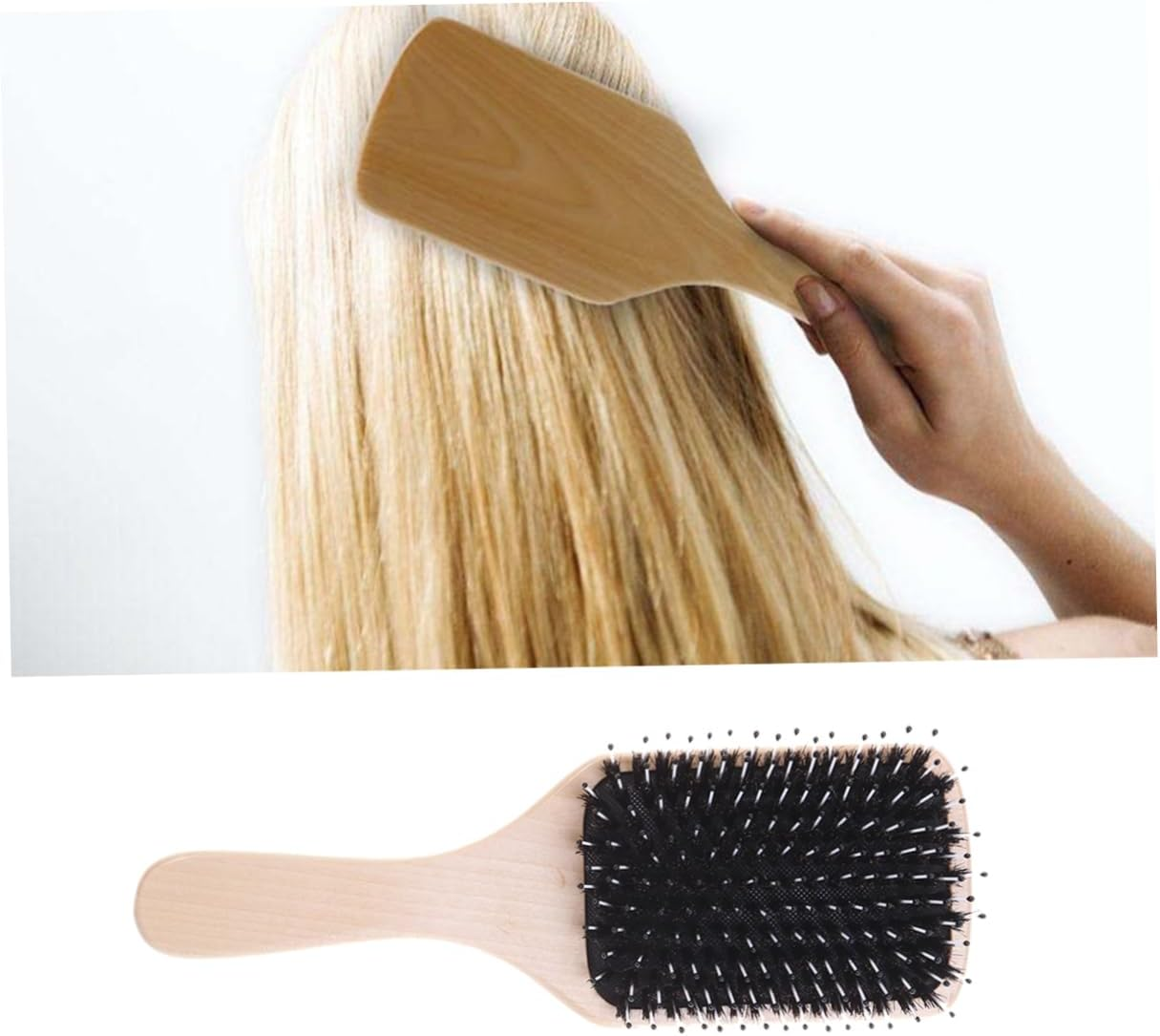 Natural Boar Bristle Paddle Hairbrush with Cushion Pad, Wooden Styling Hair Brush for Curly Wavy Thick Hair, Scalp Massaging Detangler Suitable for Women and Men image number 2