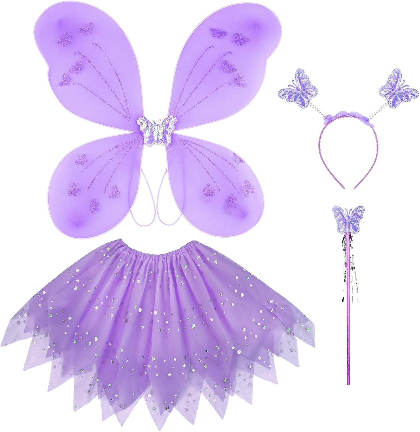 AYBUY Fairy Wings Kids Costume, Fairy Butterfly Wings with Tutu, Magic Wand and Headband, Fairy Princess Skirt Set, Fairy Dressing up Costume for Girls