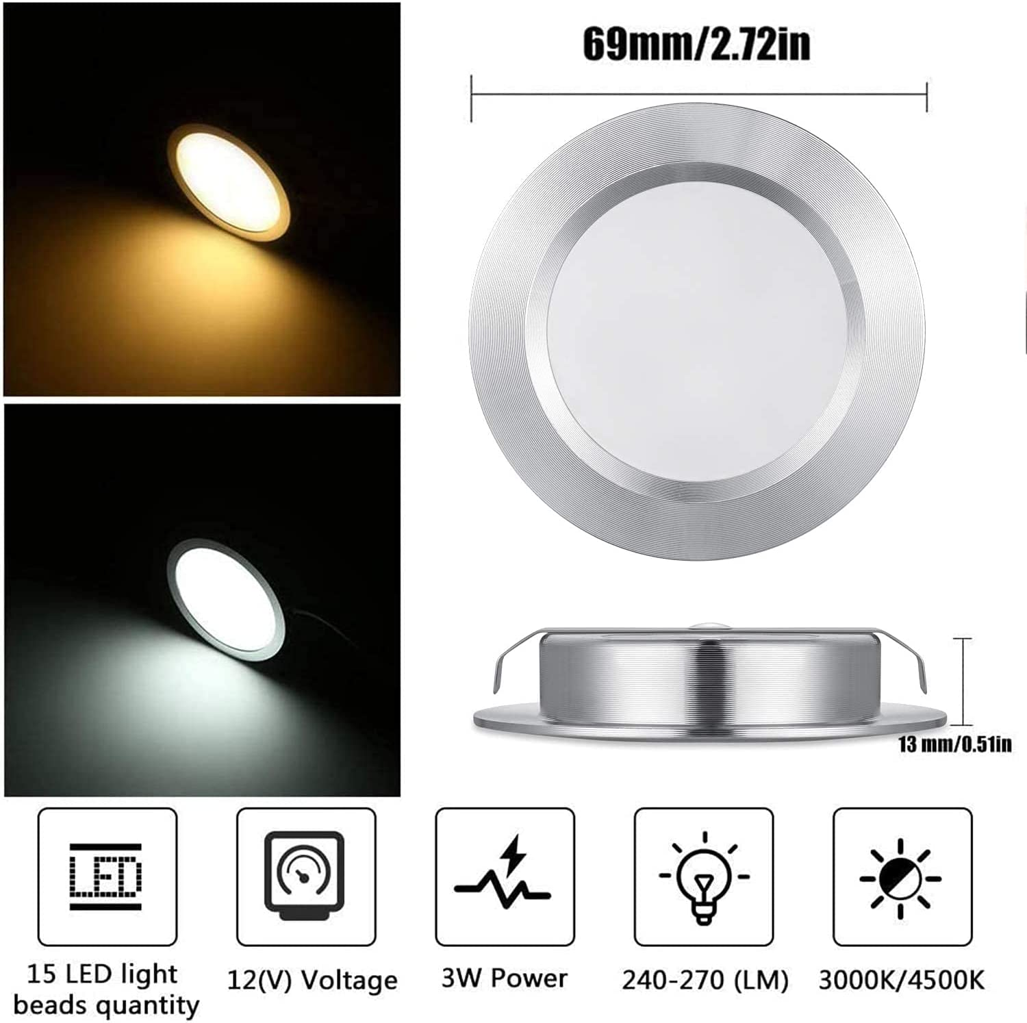12 Volt LED Lights for RV Boat Motorhome Caravan - Warm White 2800K 300 Lumens 3W, Low Voltage Downlight Dimmable, Pack of 6 image number 4