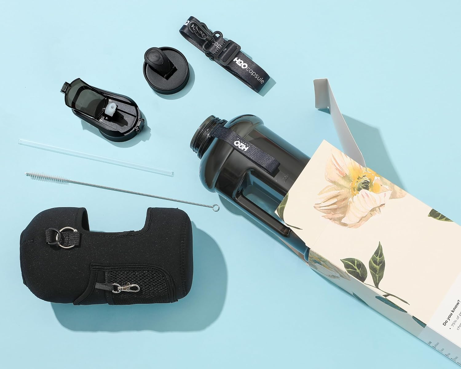 H2O Capsule 2.2L Half Gallon Water Bottle with Storage Sleeve and Removable Straw &ndash; BPA Free Large Reusable Drink Container with Handle - Big Sports Jug, 2.2 Liter (74 Ounce), Jet Black image number 3