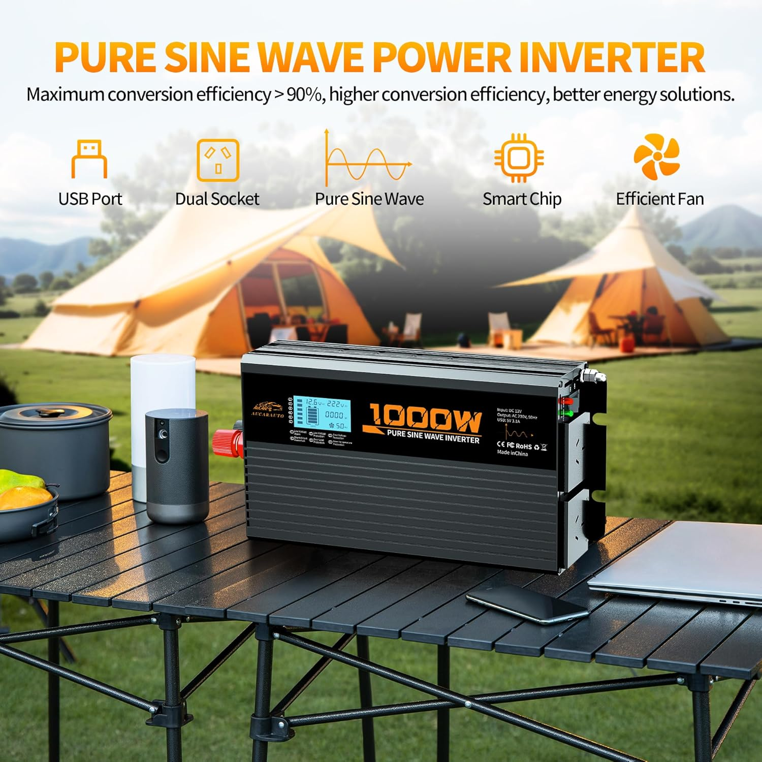 1000W Pure Sine Wave Power Inverter 12V DC to 230V/240V AC Car Converter Power Inverter with LCD Display 2 AC Outlets And1 USB Port, for Caravan, Truck, Cabin, Camping, Boat image number 3