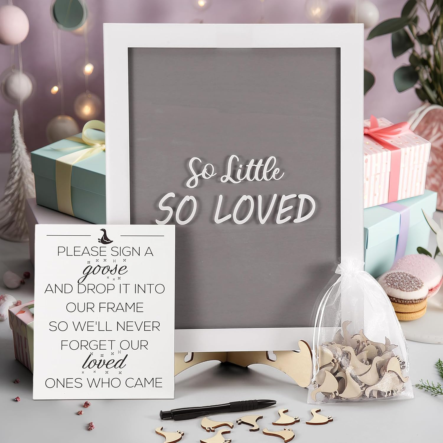 Chunful so Little so Loved Wooden Goose Token Frame, 1 Goose Baby Shower Frame Guestbook, Gender-Neutral Pregnancy Keepsake with 65 Signature Tokens and Pen, Gray and White image number 1