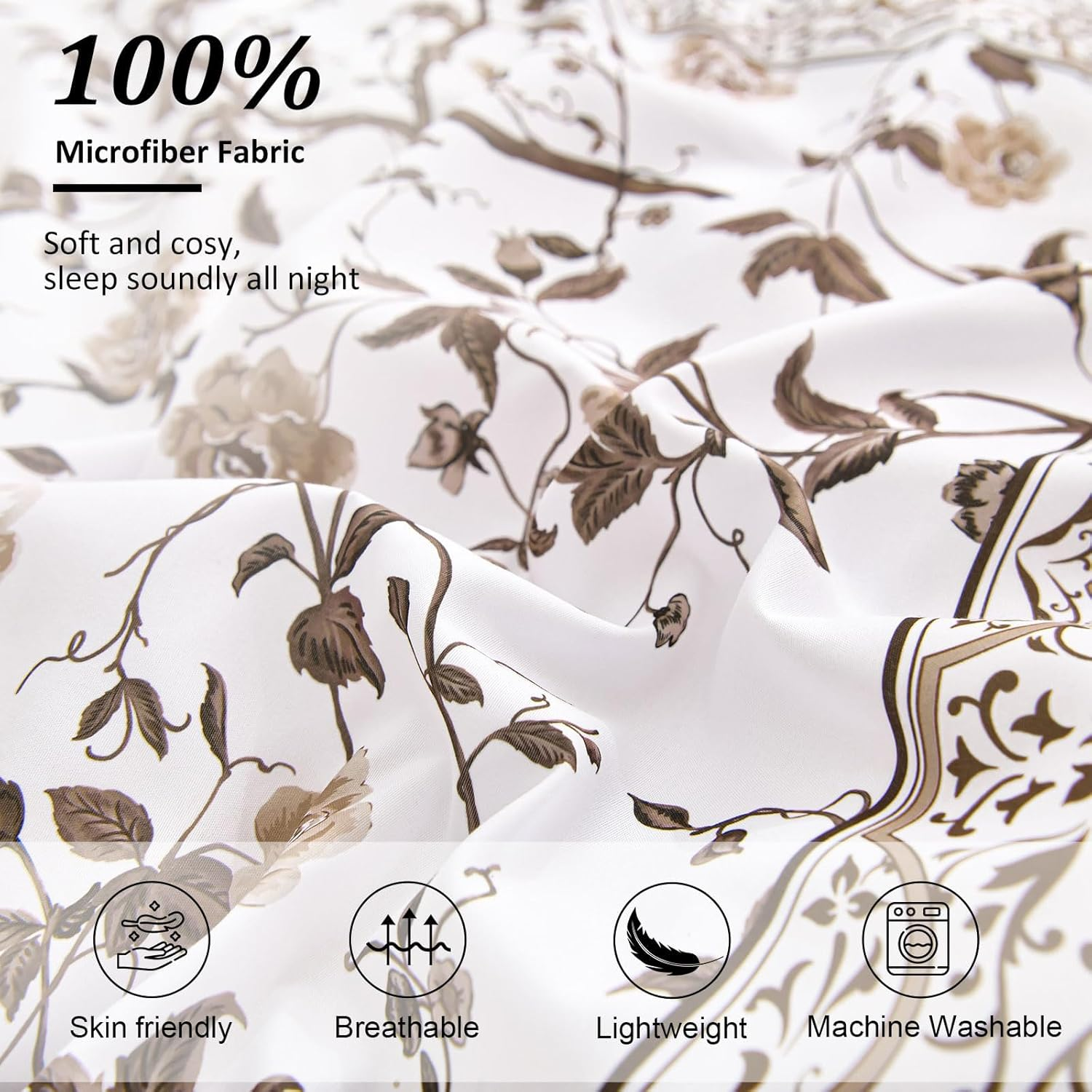 Dobuyly Brown King Size Comforter Set, Floral Botanical Bedding Set 7 Piece Bed in a Bag King, Soft Microfiber Flowers Bedding Comforter Sets with Sheets for All Season image number 4