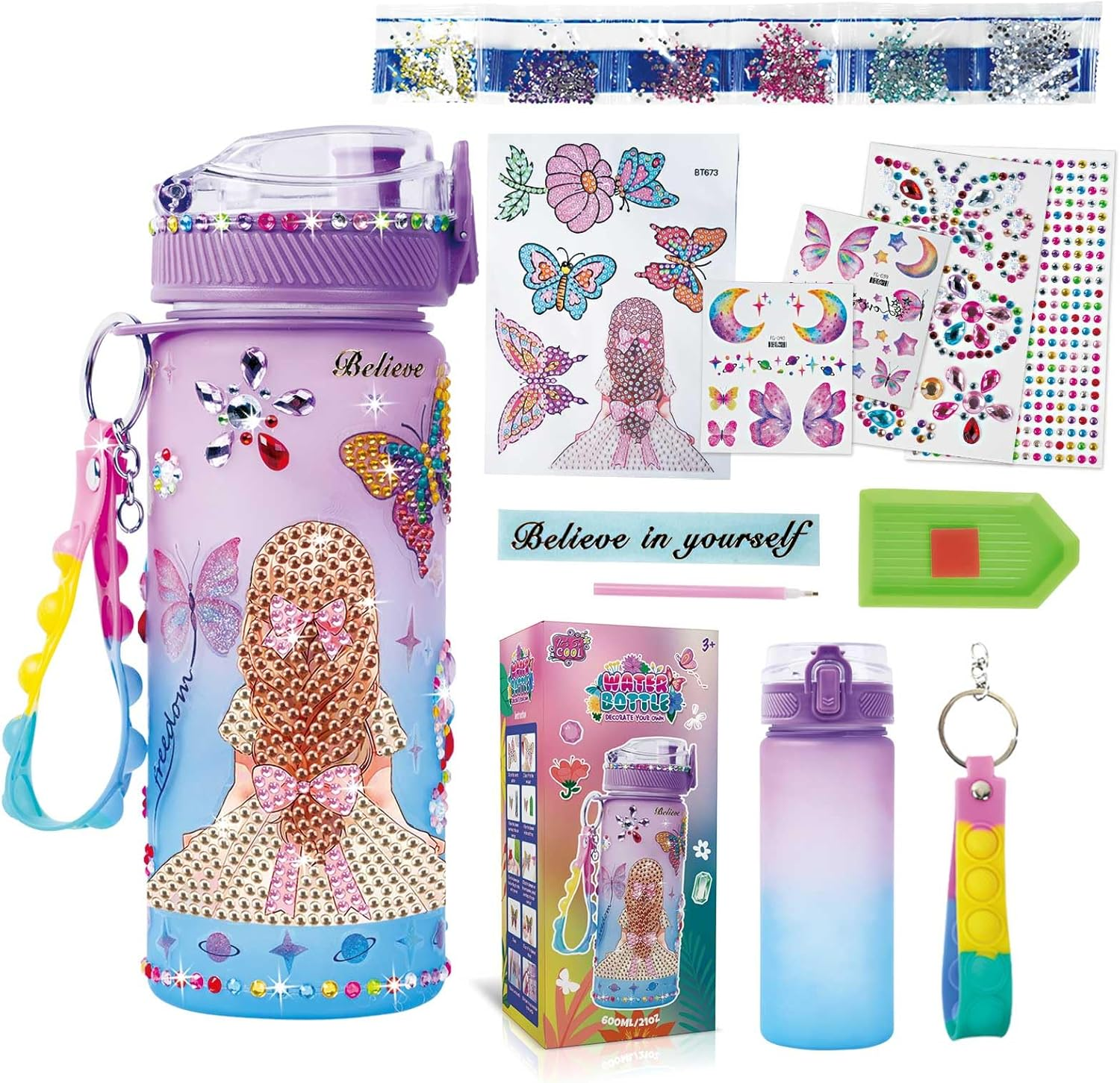 Decorate Your Own Water Bottle Kits for Girls Age 4-13, Butterfly Gem Diamond Painting Crafts, Kids Arts and Crafts Girls Gifts Toys for 3-12 Year Old Girls Birthday Gifts (Butterfly 600Ml) image number 3