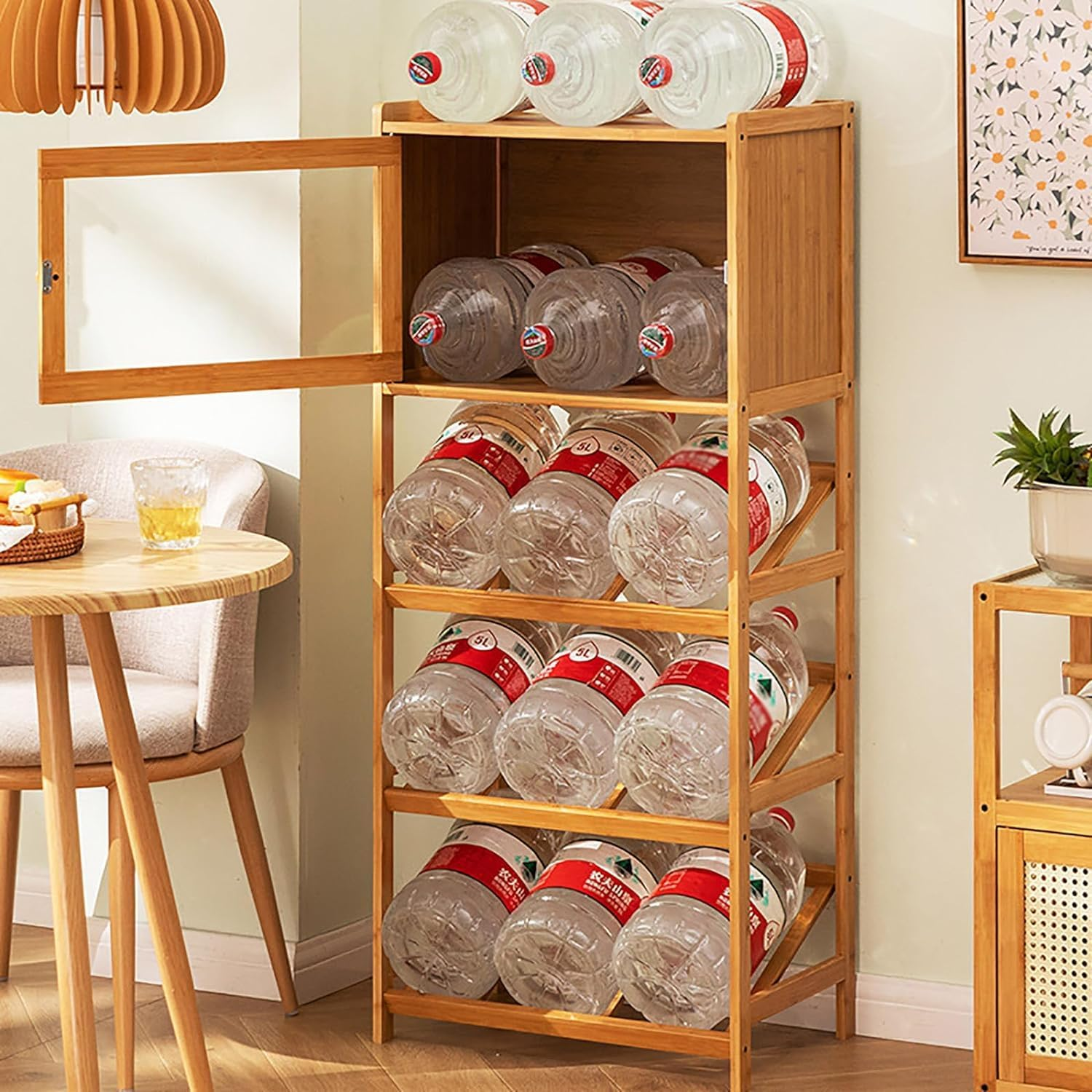 MOMOGEE Bamboo Wine Rack Cabinet 10 Bottles Freestanding Wine Glass Champagne Holder with Door Liquor Storage Display Stand for Living Room Bar Kitchen image number 2