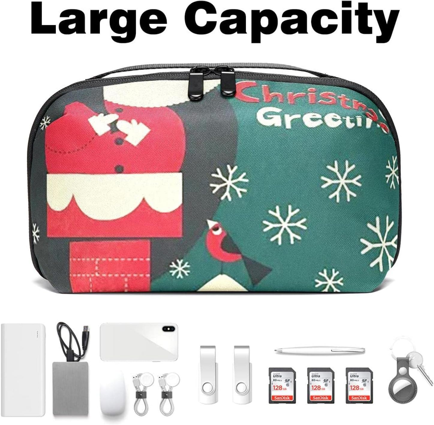 Electronic Organizer Travel Cable Organizer Electronics Accessories Cases for Cable, Charger, USB, SD Card, Christmas Cartoon Santa Snowflake image number 4