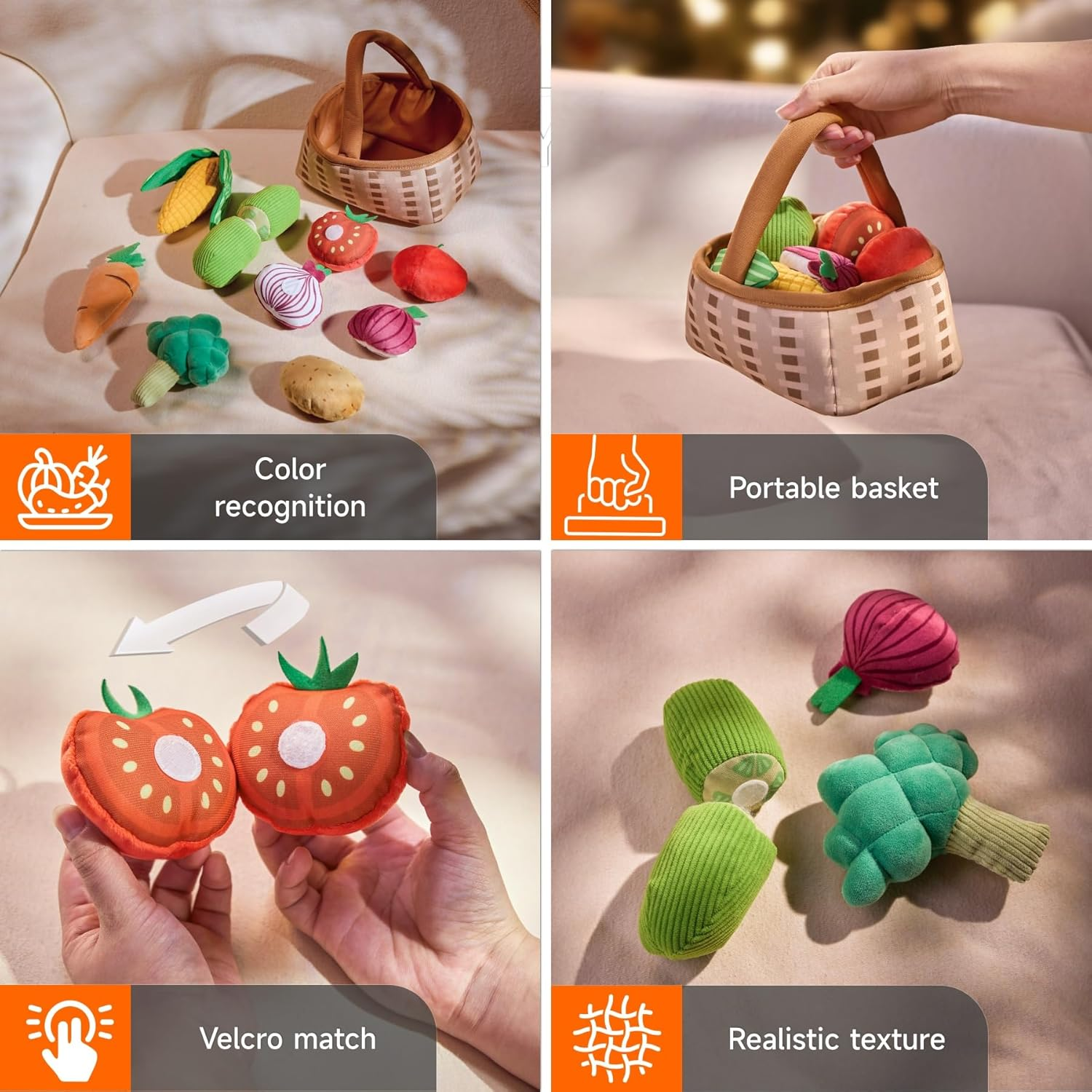 TUMAMA Baby Plush Veggie Basket Stuffed Vegetable Play Set Toys, Pretend Play Kitchen Food Sensory Educational Toys for Toddler 0M+ Months image number 4