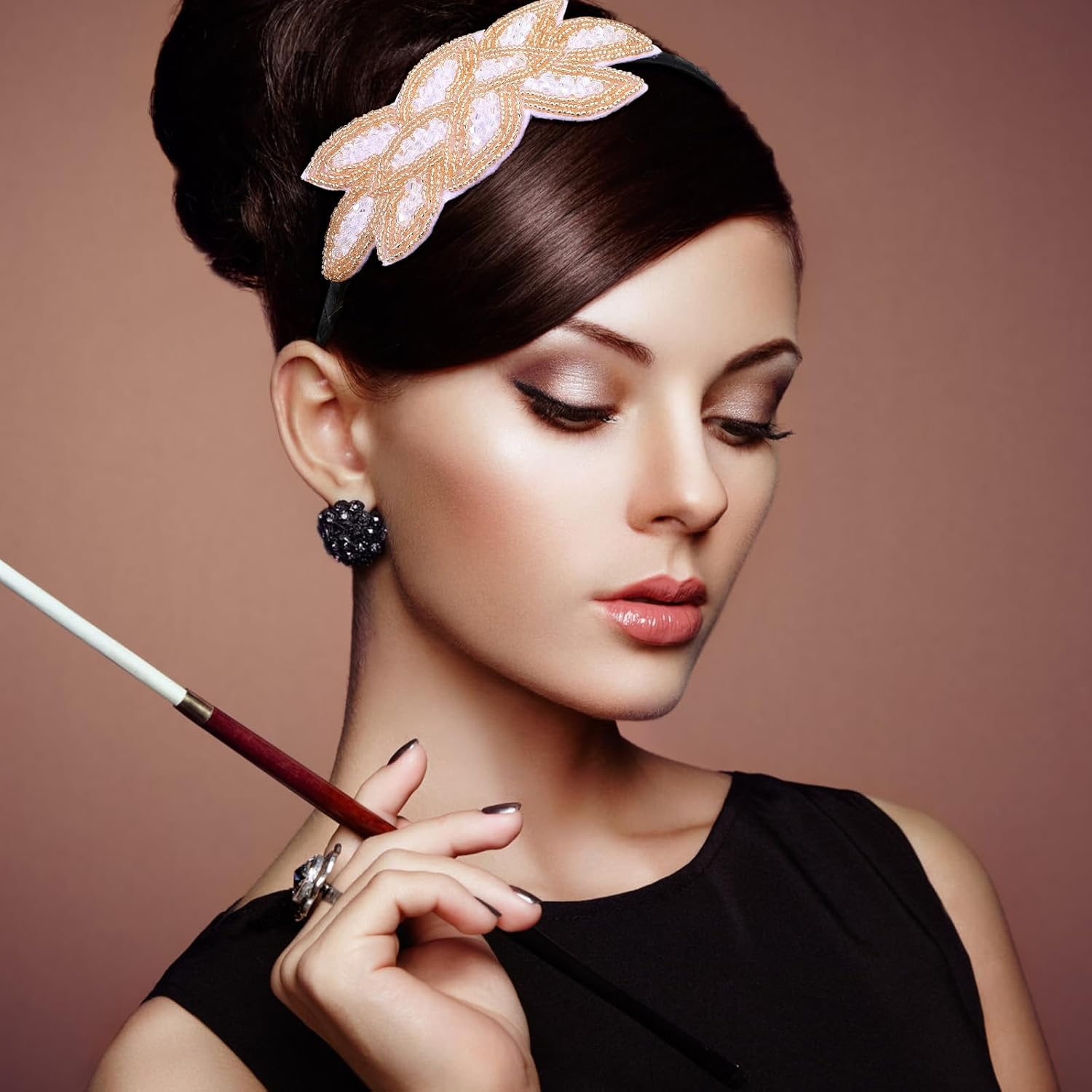 1920S Headbands for Women Head Bands Accessories Crystal Bridal Wedding Black Headpiece 20S Rhinestone Flapper Vintage Hair Valentines Accessory for Girls Costume Prom Party Art Deco (White Gold) image number 5