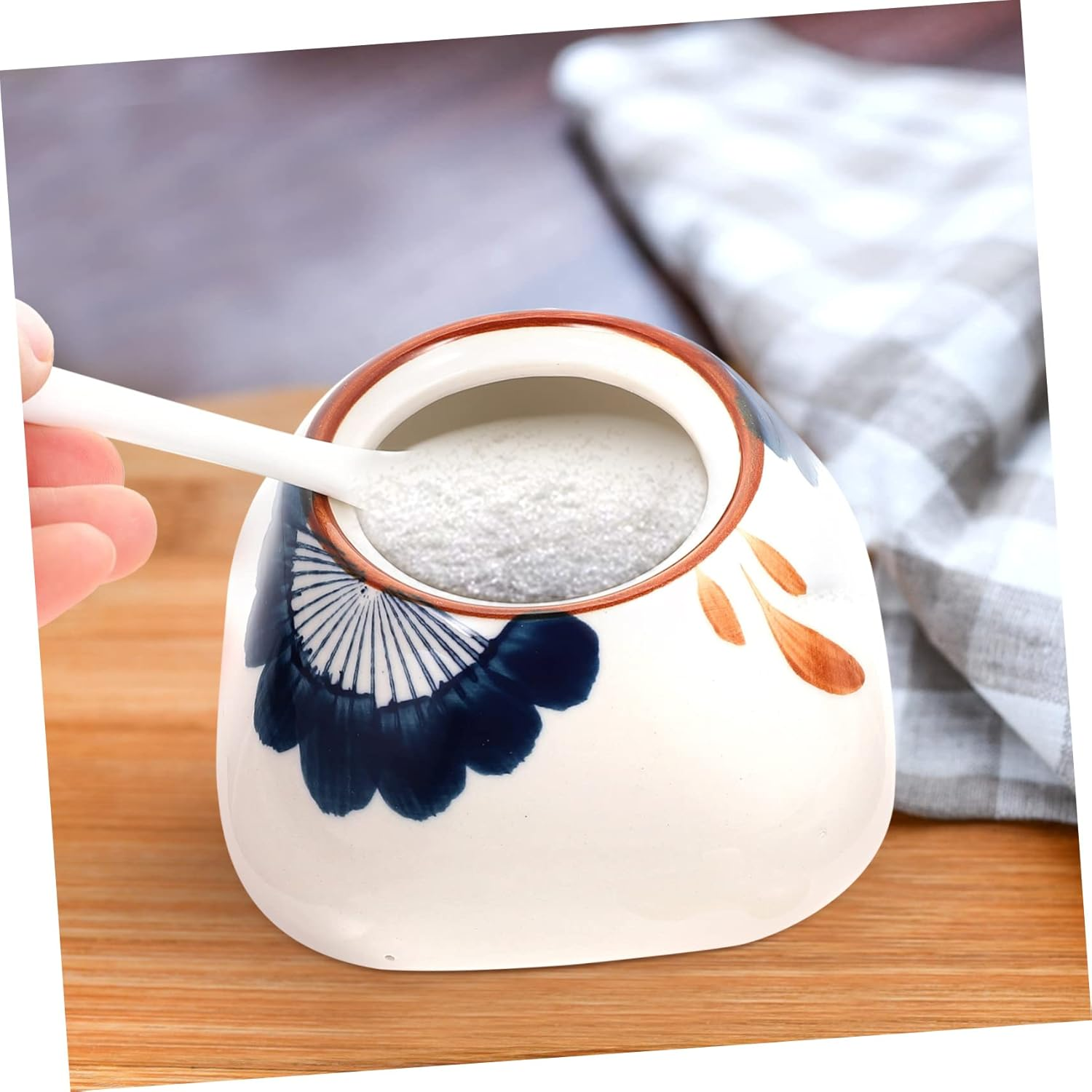 GRIRIW Ceramic Storage Jar with Spoon 300Ml Japanese Style Porcelain Sauce Canister Orchid Pattern Kitchen Condiment Container for Home Cooking image number 4