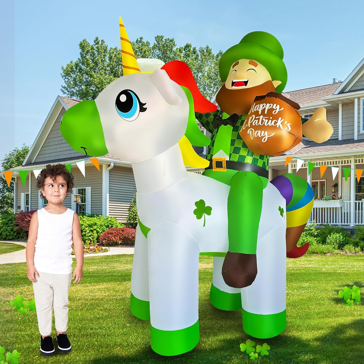 BLOWOUT FUN 6Ft St Patricks Day Inflatables Leprechaun Riding Unicorn Decoration LED Blow up Lighted Decor Indoor Outdoor Holiday Art Decor image number 2