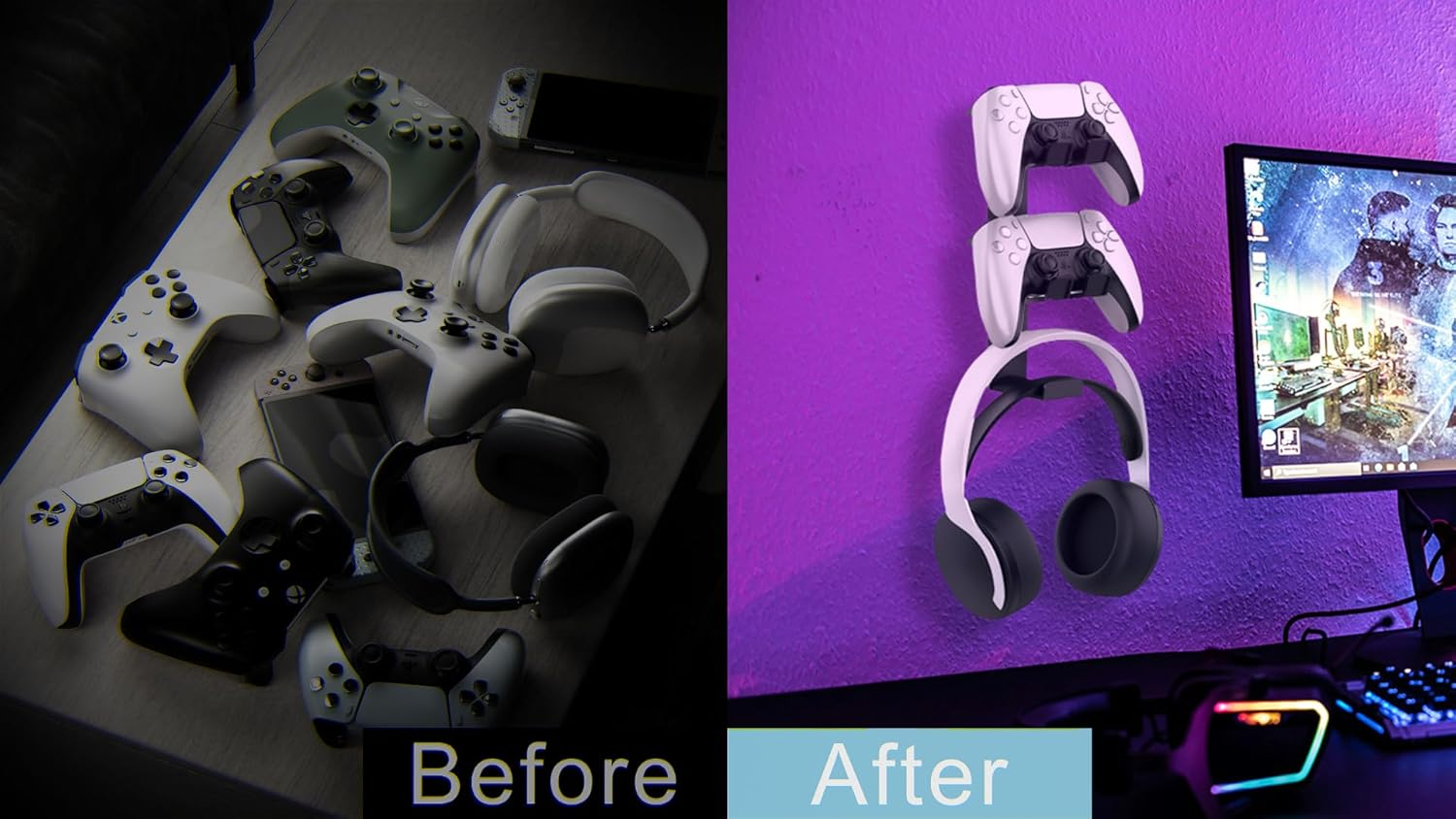 GM-G 3-In-1 Wall Mount Gaming Stand, Dual Controller Holder & Headphone Hanger, Gamepad Storage Rack Compatible with PS5, Switch, Wall Organizer for Gaming Accessories. (White) image number 6