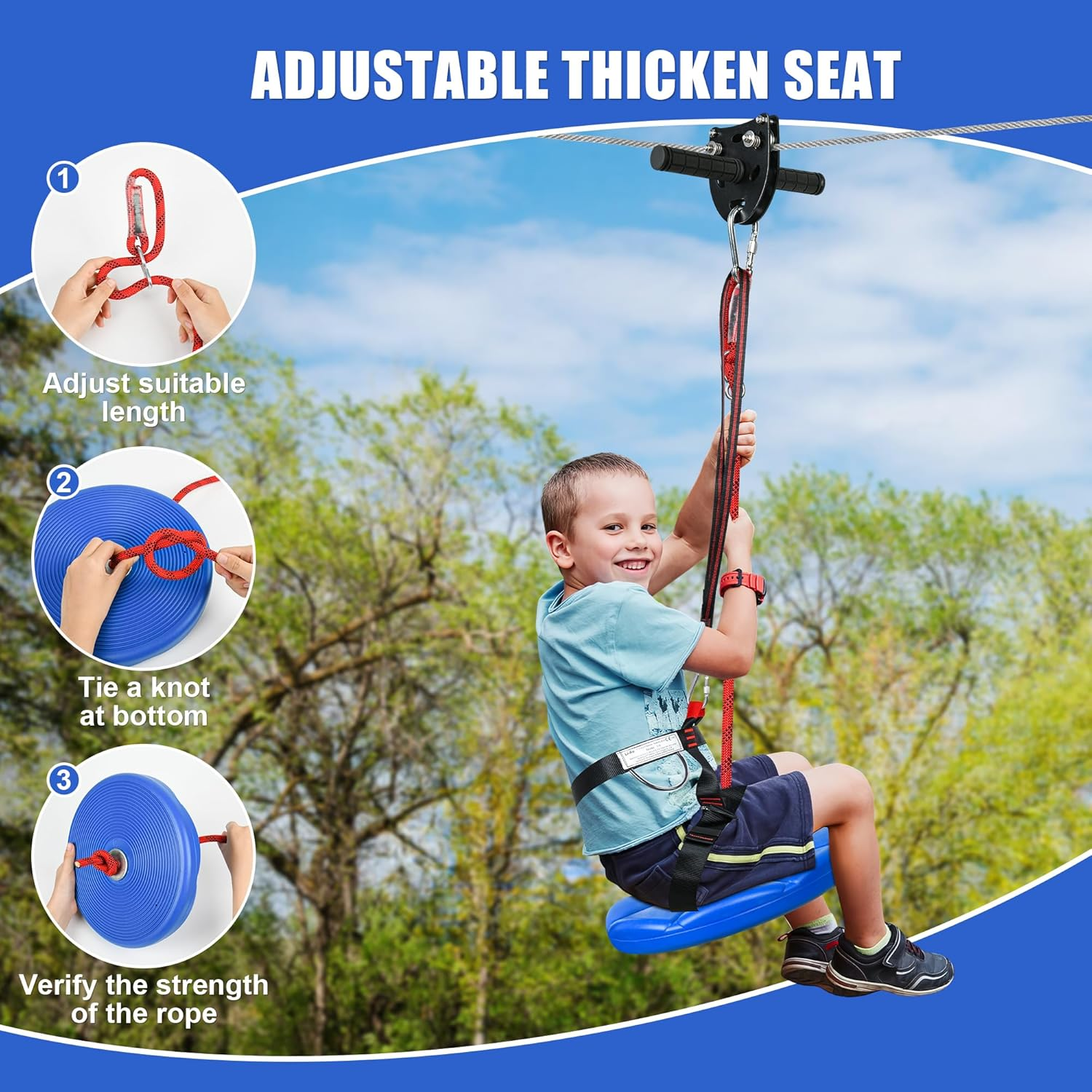 30M Zip Line Kit for Kids Adults.Up To160Kg, Updated Rust Proof Removable Design Trolley and Thickened Seat with Zipline Spring Brake and Safety Harness, Quick Tighten Zipline for Backyard Outdoor image number 4
