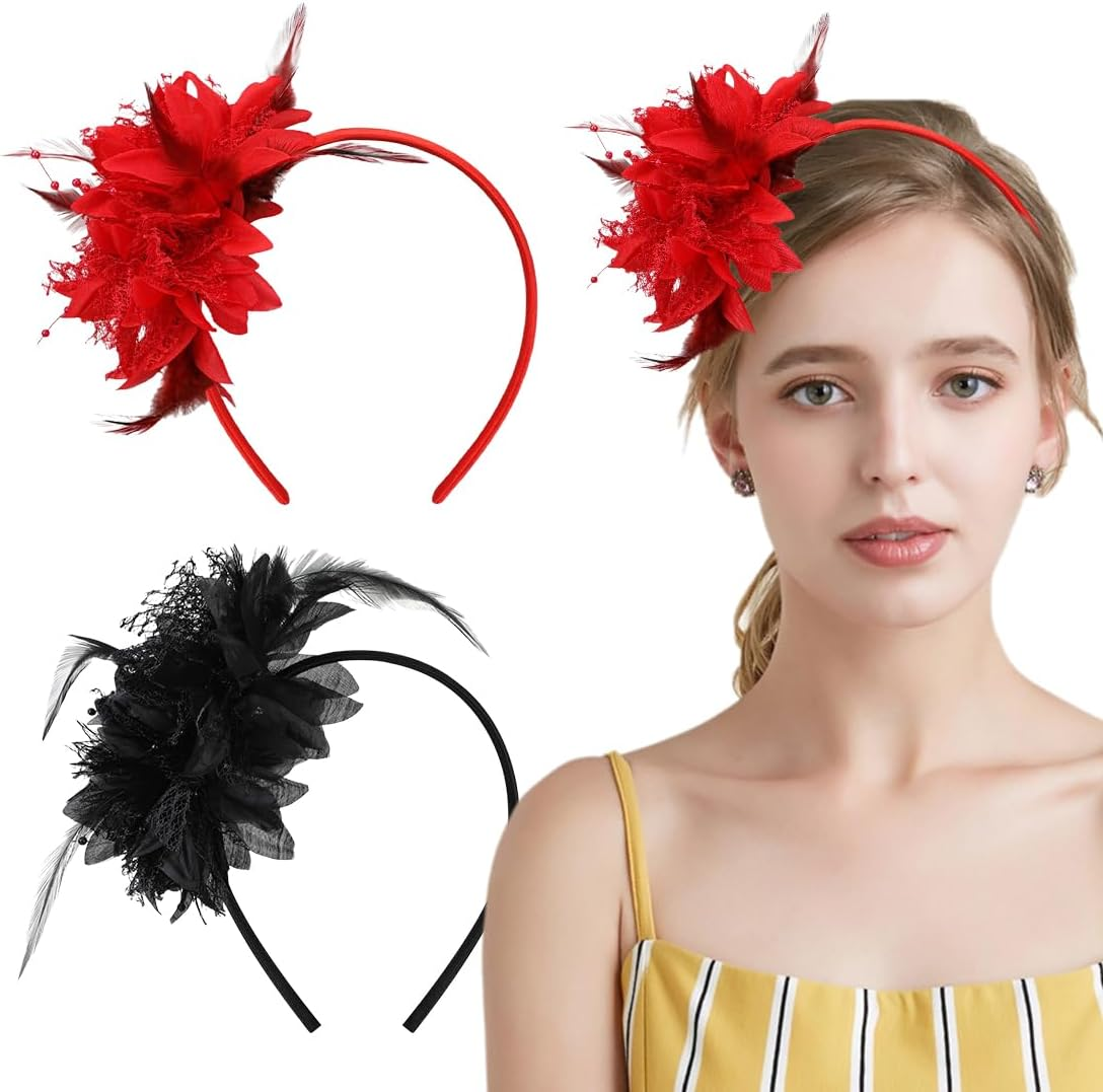 Pack of 2 Feather Headband with Artificial Flowers, Retro Hair Band Fascinator for Carnival Cocktail Wedding Tea Party Accessories image number 4