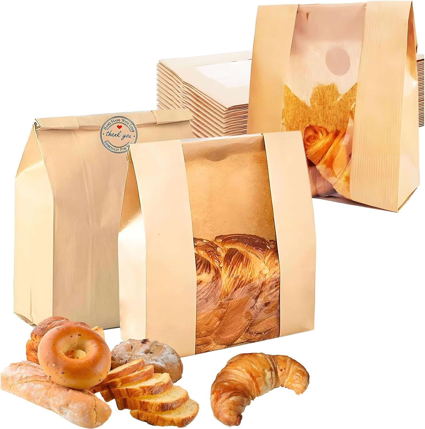 MYTOAU 50Pcs 13.7 X 8.3 X 3.5 Inch Large Paper Bread Bags for Homemade Bread,Sourdough Bag with Clear Window,Brown Kraft Bakery Bags,Kraft Toast Bags with Seal Stickers for Bakery,Treat Packaging image number 6