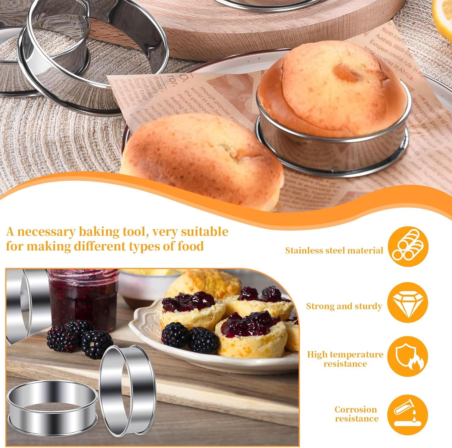 12 PCS English Muffin Rings, Stainless Steel Crumpet Rings, Nonstick Metal round Ring Muffins Molds, Double Rolled Tart Muffin Ring for Home Baking Fluffy Eggs Pancakes Pastry (10.5CM) image number 6