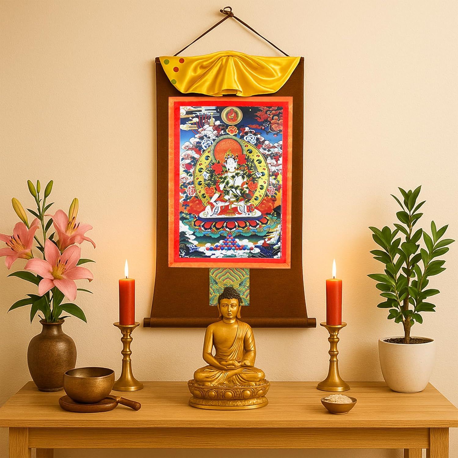 Mudra Crafts Extra Large White Tara Tibetan Thangka Buddha Wall Art - Handmade XXL White Tara Thangka Buddhist Tibetan Painting Yoga Zen Mediation Altar Wall Hanging D&eacute;cor - Green,White image number 2