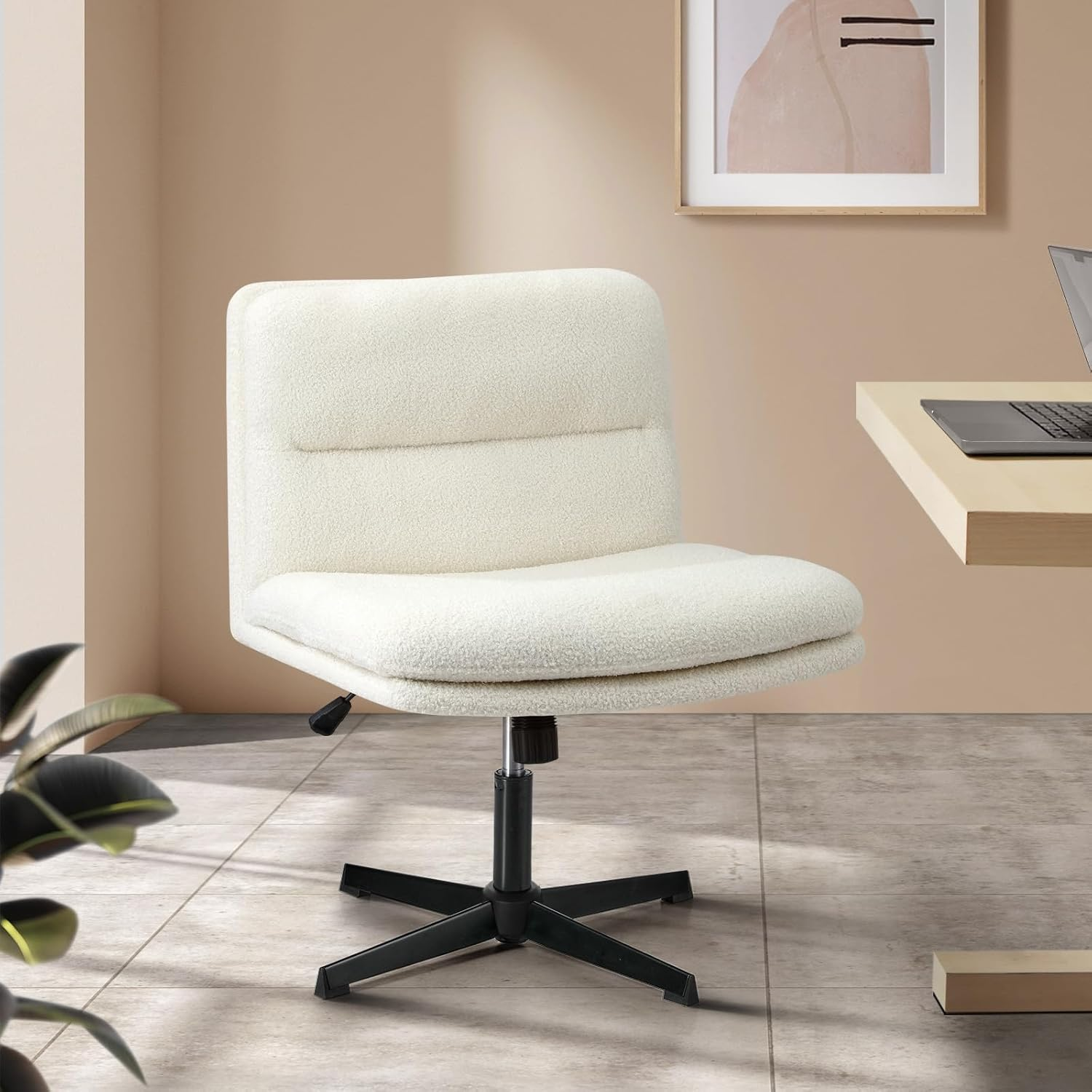 Oikiture Cross Legged Chair with Wider Cushion Padded Max 120&deg;Rocking Home Office Chair Linen Fabric Computer Desk Chair Grey