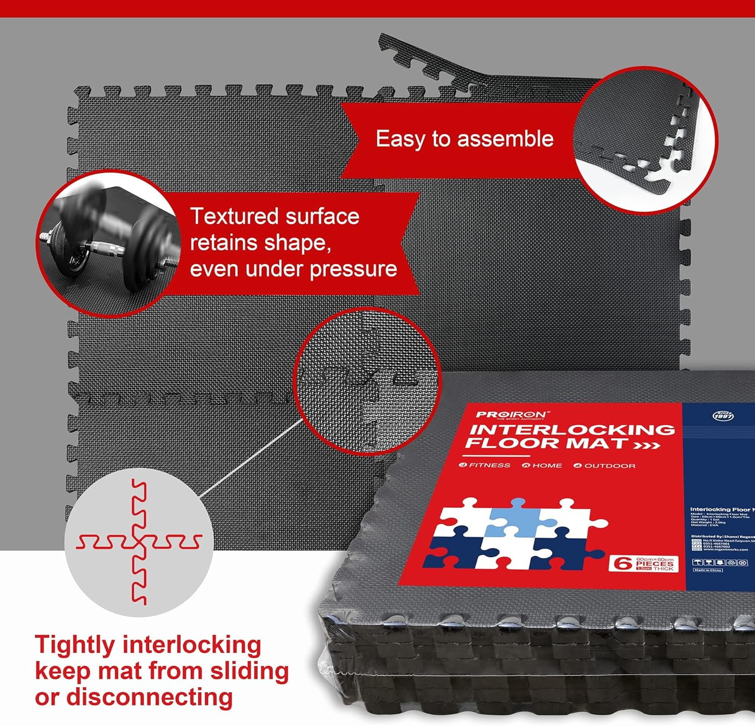 PROIRON Puzzle Exercise Mat 2CM Thick, EVA Interlocking Foam Floor Tiles for Home Gym, Mat for Home Workout Equipment, Gym, Floor Padding for Kids, 60 Cm X 60 Cm X 2 Cm, 24 Sq Ft - 6 Tiles image number 3