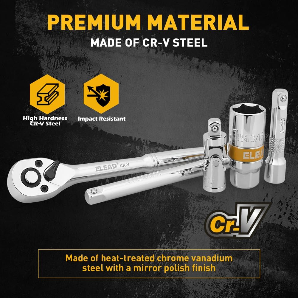 ELEAD 12-Piece 3/8" Drive Spark Plug Socket Set with Ratchet Handle, Universal Joint, Spark Plug Gapper & Extension Bar, 9/16", 5/8", 3/4", 13/16", 14Mm, 18Mm, CR-V Sockets with Rubber Holding Rings image number 5