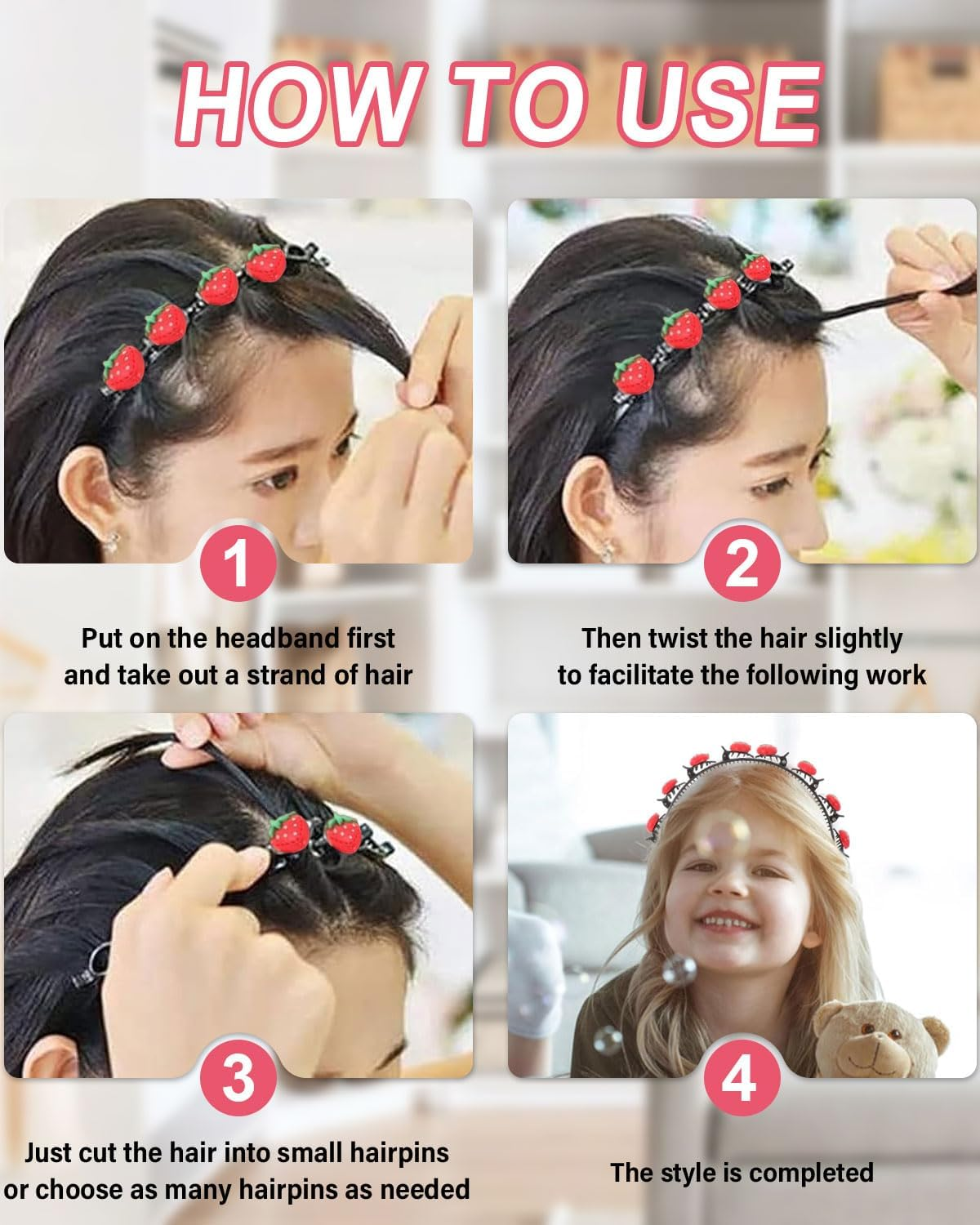 FUGLUS 2 X Fashion Headbands for Women, Braided Headbands with Clips, Hair Twister Headband for Double Bangs Hairstyles, for Women and Girls, Strawberry/Heart