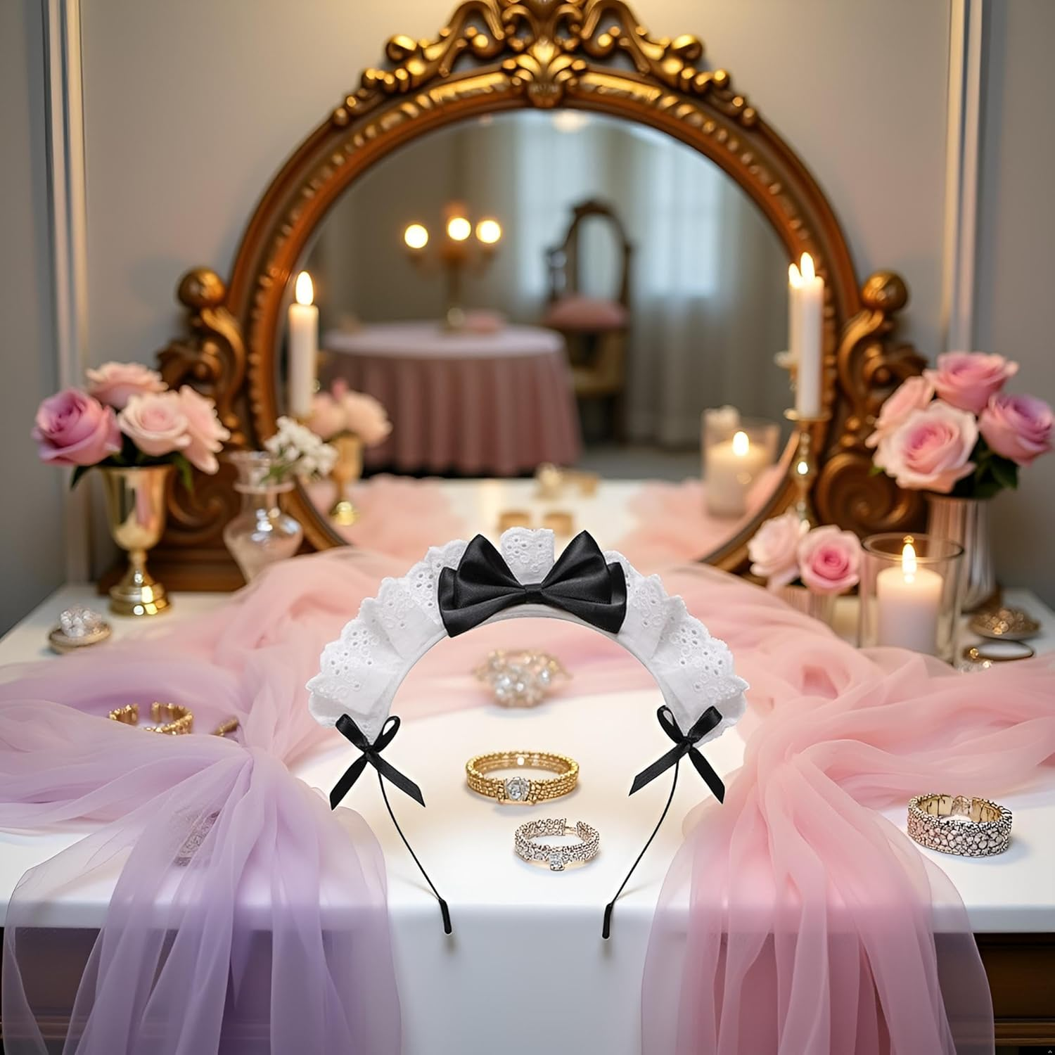 Black Women Girls Lolita Headband Lace Bow Hair Band Maid Anime Cosplay Headwear Ribbon Bowknot Cute Hair Band Party Hair Accessories Headbands image number 5