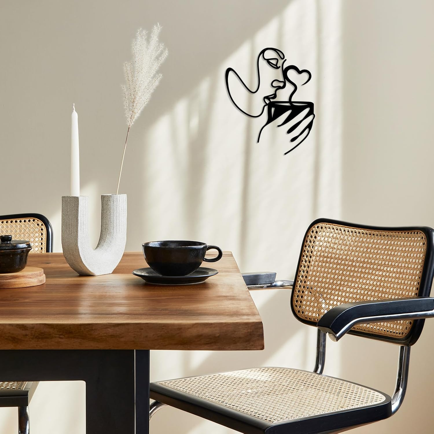 Metal Wall Art Decor - 3D Black Metal Coffee Wall Art Bar Sign Decor, Woman Drinking Coffees Sculptures, Minimalist Wall Art for Kitchen Home Office Living Room Bedroom - Two Cat image number 4