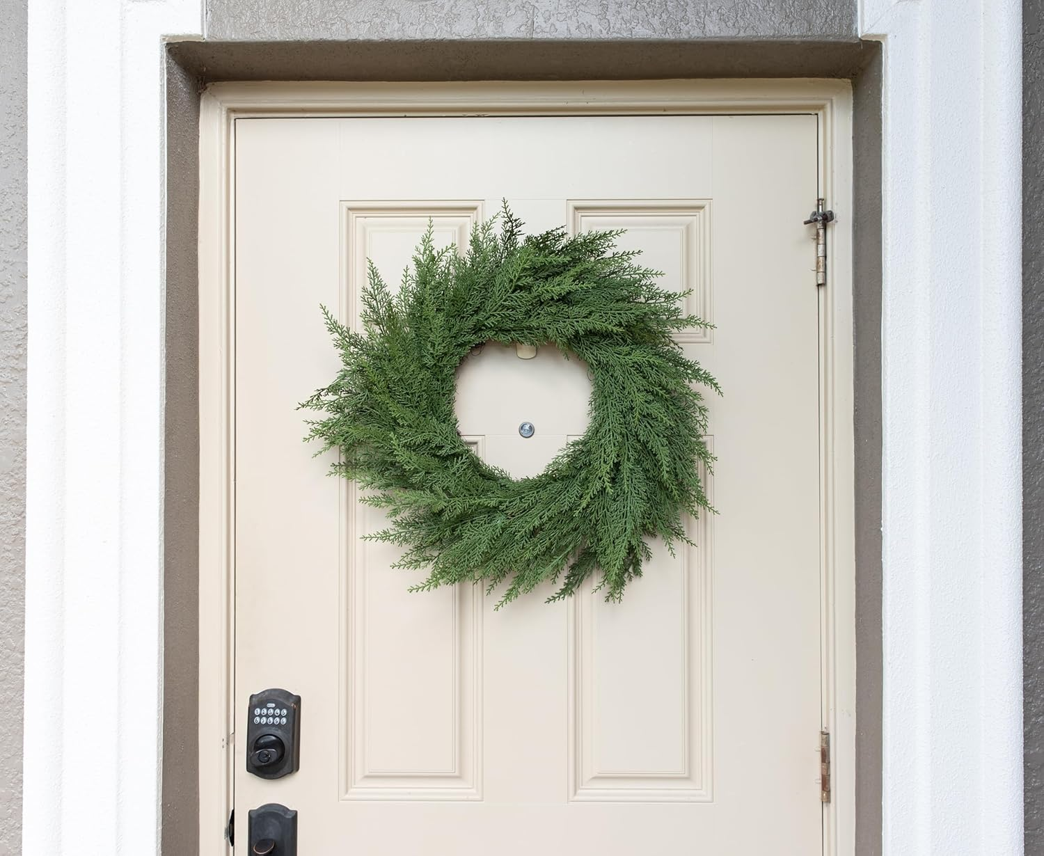 24" Artificial Cedar Wreath - 24 Inch Faux Cedar Wreath, Festive Green Wreaths for Front Door and Wall, Realistic Christmas Wreath, Indoor Holiday Decor for All Year Round image number 1