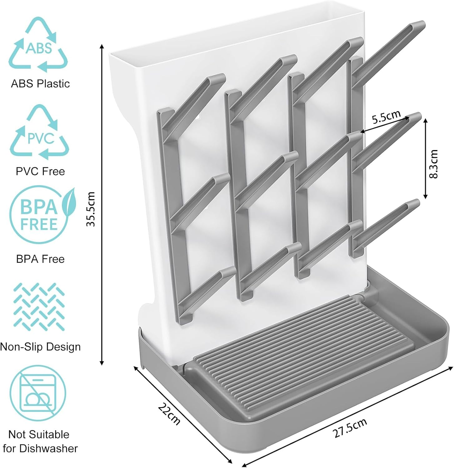 ZERIFAM Baby Bottle Drying Rack, Space Saving for Countertop and Kitchen, Large Capacity Vertical Standing Baby Bottle Organizer & Holder for 12Pc Bottles and Accessories, Pump Parts, Pacifiers (Grey) image number 1