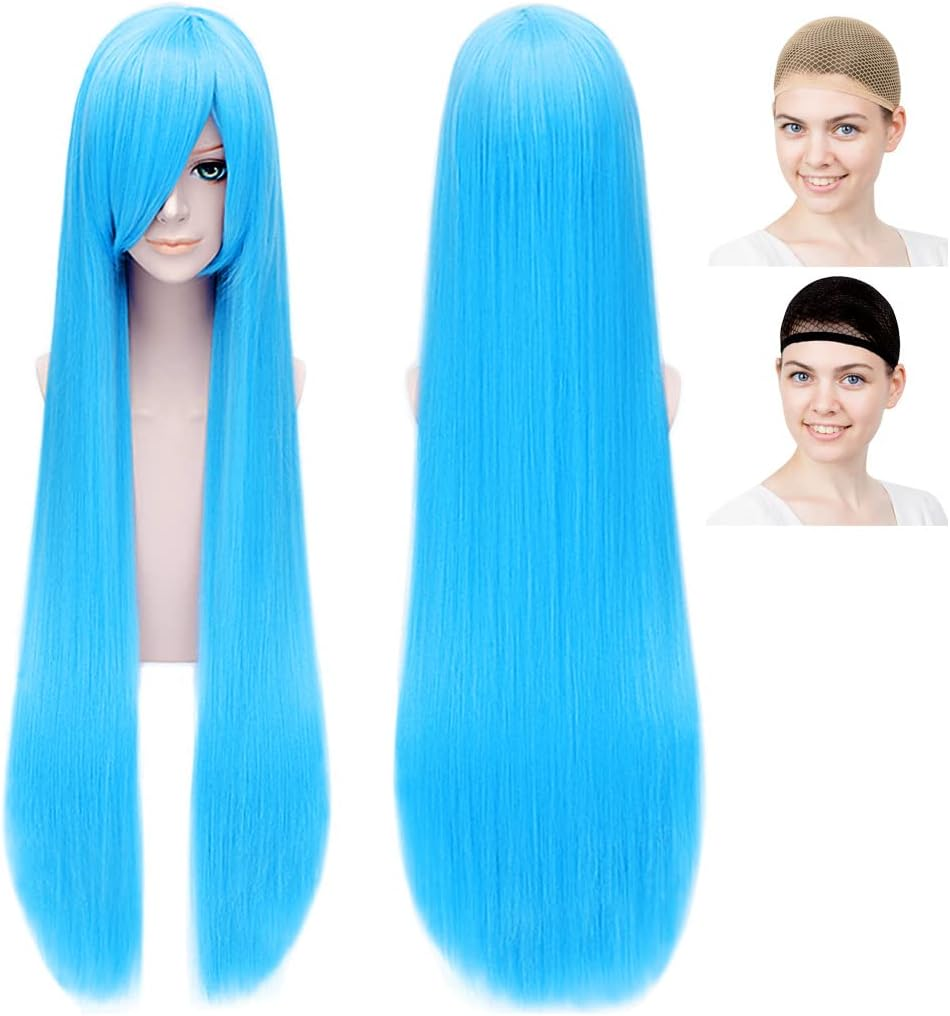 Caseeden Cosplay Wig, Smooth, Straight, Long, Long Hair, 39.4 Inches (100 Cm), Light Blue, White Merce Wig Net, Set of 2