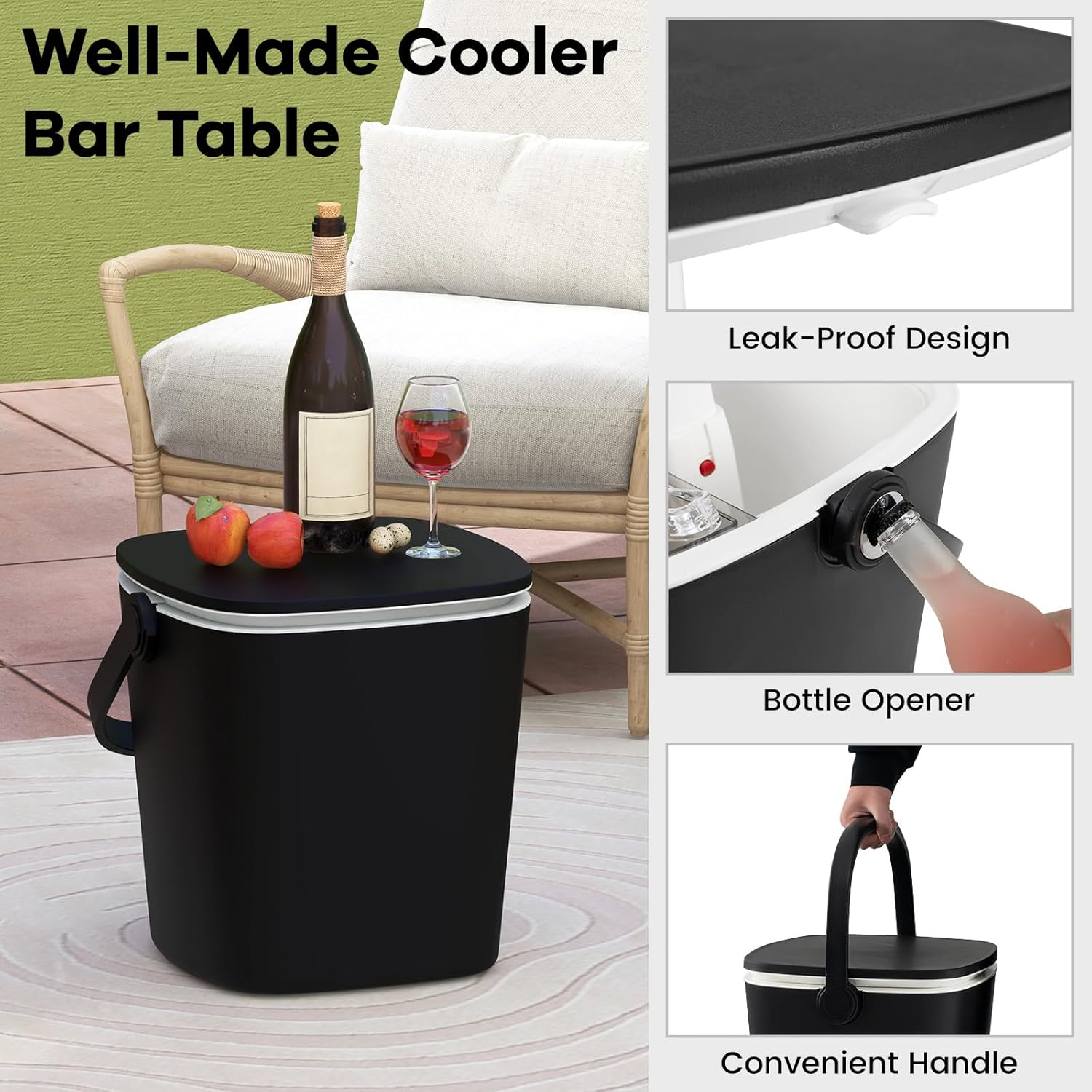 Costway Portable Cooler Bar Table, 15 L Weatherproof PP Beverage Cooler W/Handle, Bottle Opener & Lift Top Lid, 3-In-1 Pop up Side Table Cocktail Table for Camping, Picnic, Poolside (Black) - Blue image number 5