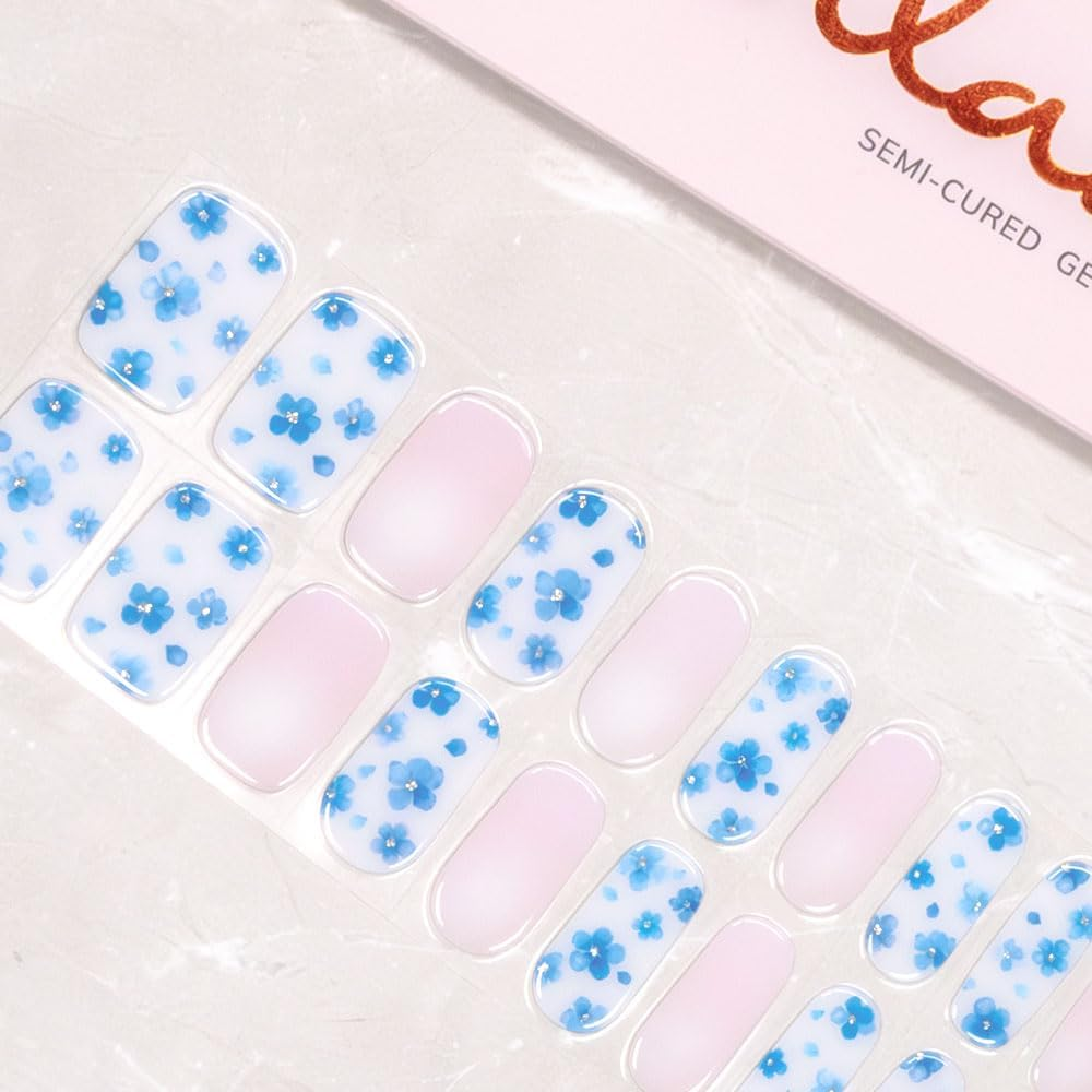 Wilana Gel Nail Stickers - Long-Lasting Semi-Cured Gel Nail Strips - Blue Flowers with Pale Pink (Whisper) image number 2